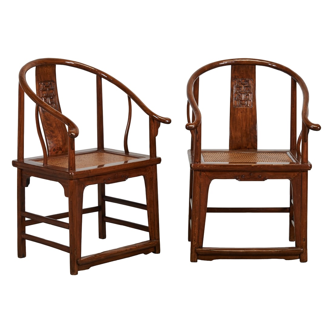 Pair of Chinese Elmwood Horseshoe Armchairs18th CenturyA pair of Chinese elmwood horseshoe armchairs: Pair of Chinese Elmwood Horseshoe Armchairs18th CenturyA pair of Chinese elmwood horseshoe armchairs (quanyi), each with a continuous rounded crest rail gracefully curving into outward-scrolling arms.