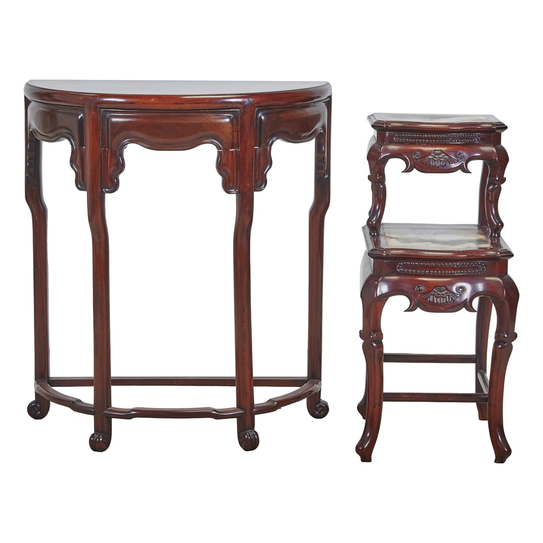 {Half Moon Table: H 35 x W 30 1/2x D 14 3/4 inches (88.9x 77.4x 37.4cm)}.{Two-tiered Marble Side (1 of 5)