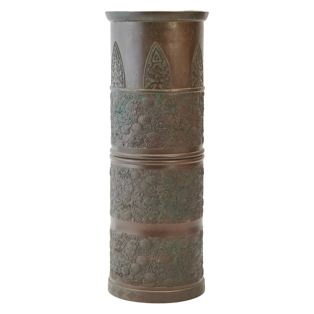 A Japanese Bronze Umbrella Stand, Meiji Period (1868-1912)A Japanese bronze umbrella stand of tall: A Japanese Bronze Umbrella Stand, Meiji Period (1868-1912)A Japanese bronze umbrella stand of tall cylindrical form, dating to the Meiji period (1868-1912). The body is finely cast in relief with cont