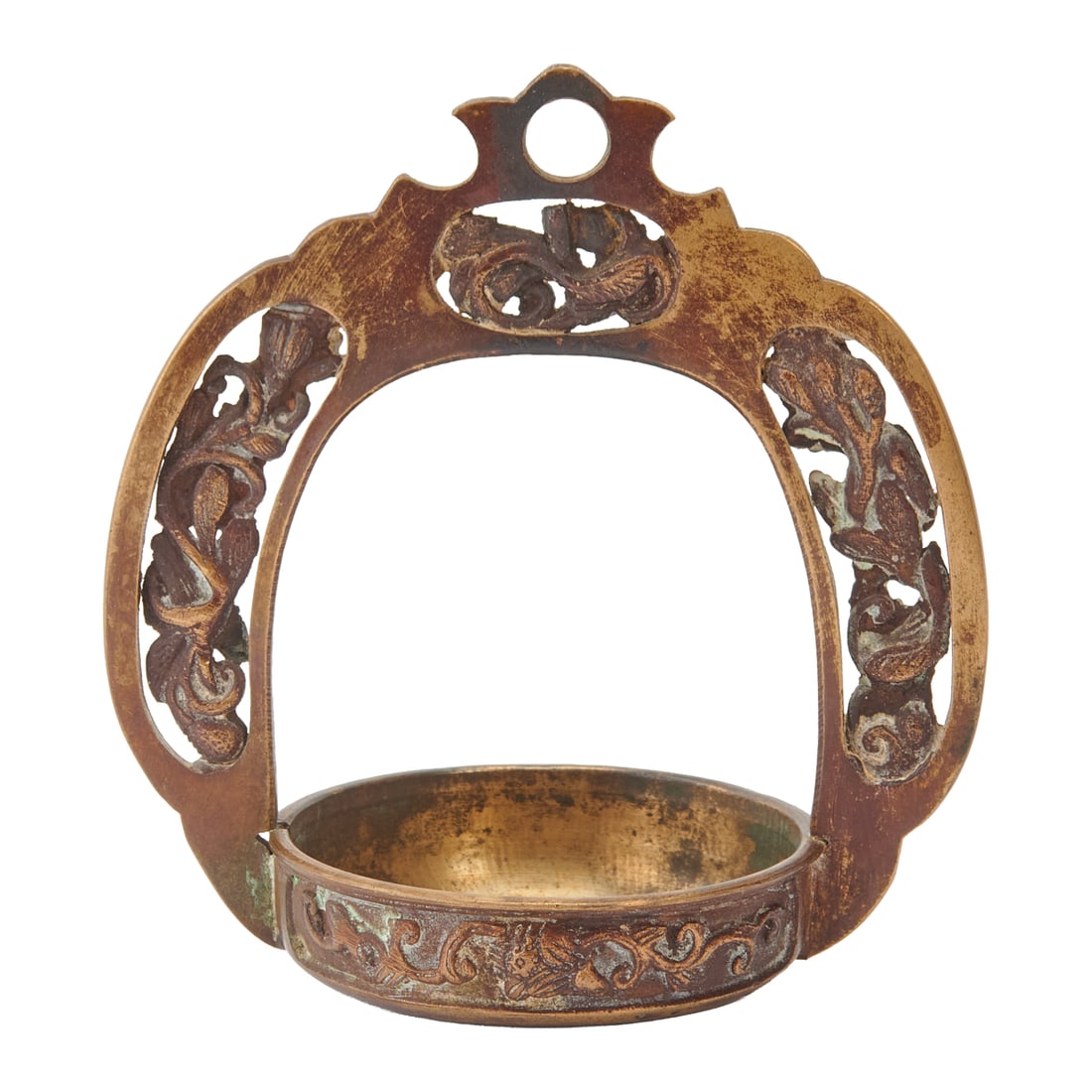 A Japanese Bronze Hanging Buddhist Altar Lamp, Bearing the Mark "Nakao Munesada Seiz?"Cast bronze: A Japanese Bronze Hanging Buddhist Altar Lamp, Bearing the Mark "Nakao Munesada Seiz?"Cast bronze hanging altar lamp of arched form, featuring an openwork handle richly carved with scrolling vines and