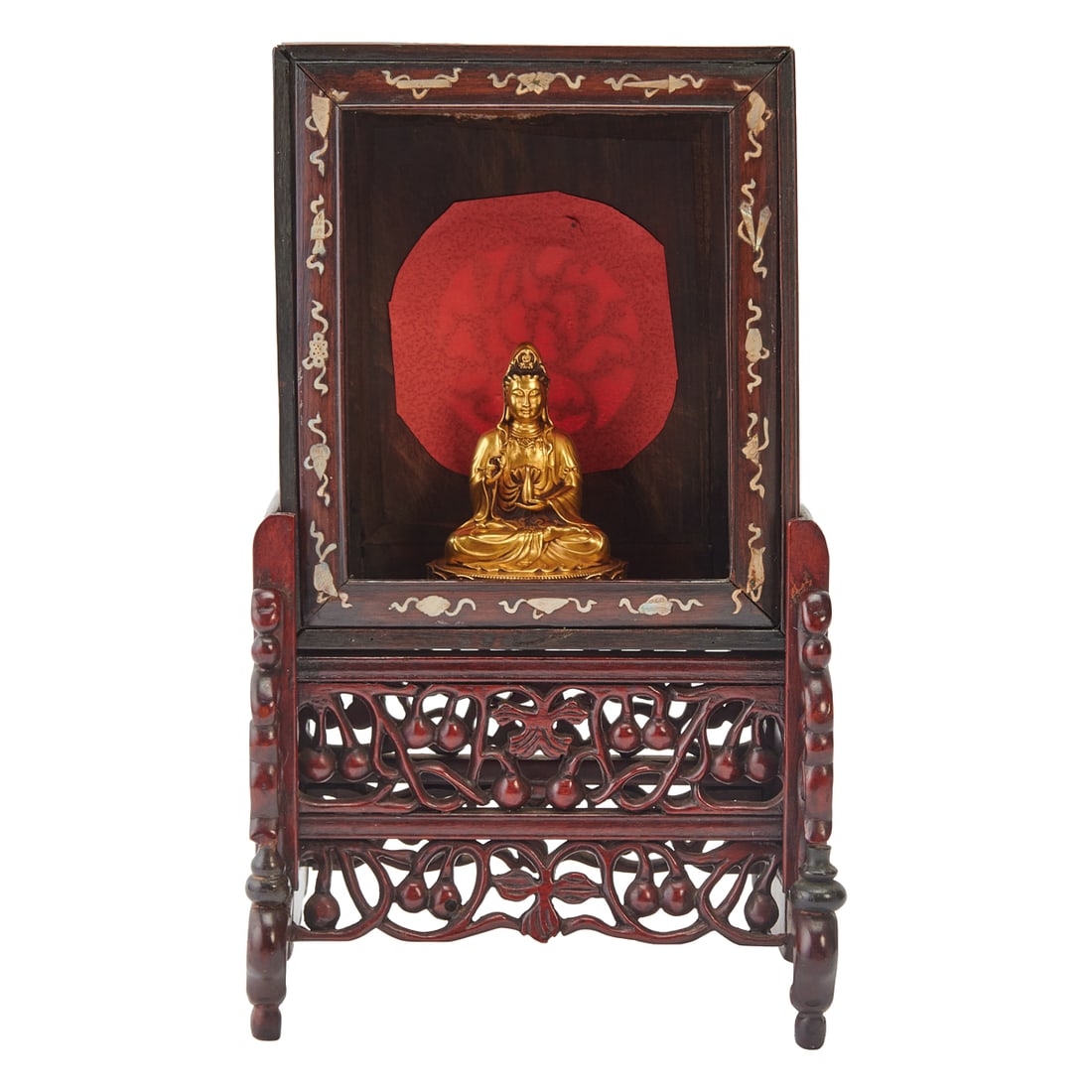 A Chinese Republican Period Hardwood Shrine with Modern Gilt FigureA Chinese hardwood household (1 of 6)