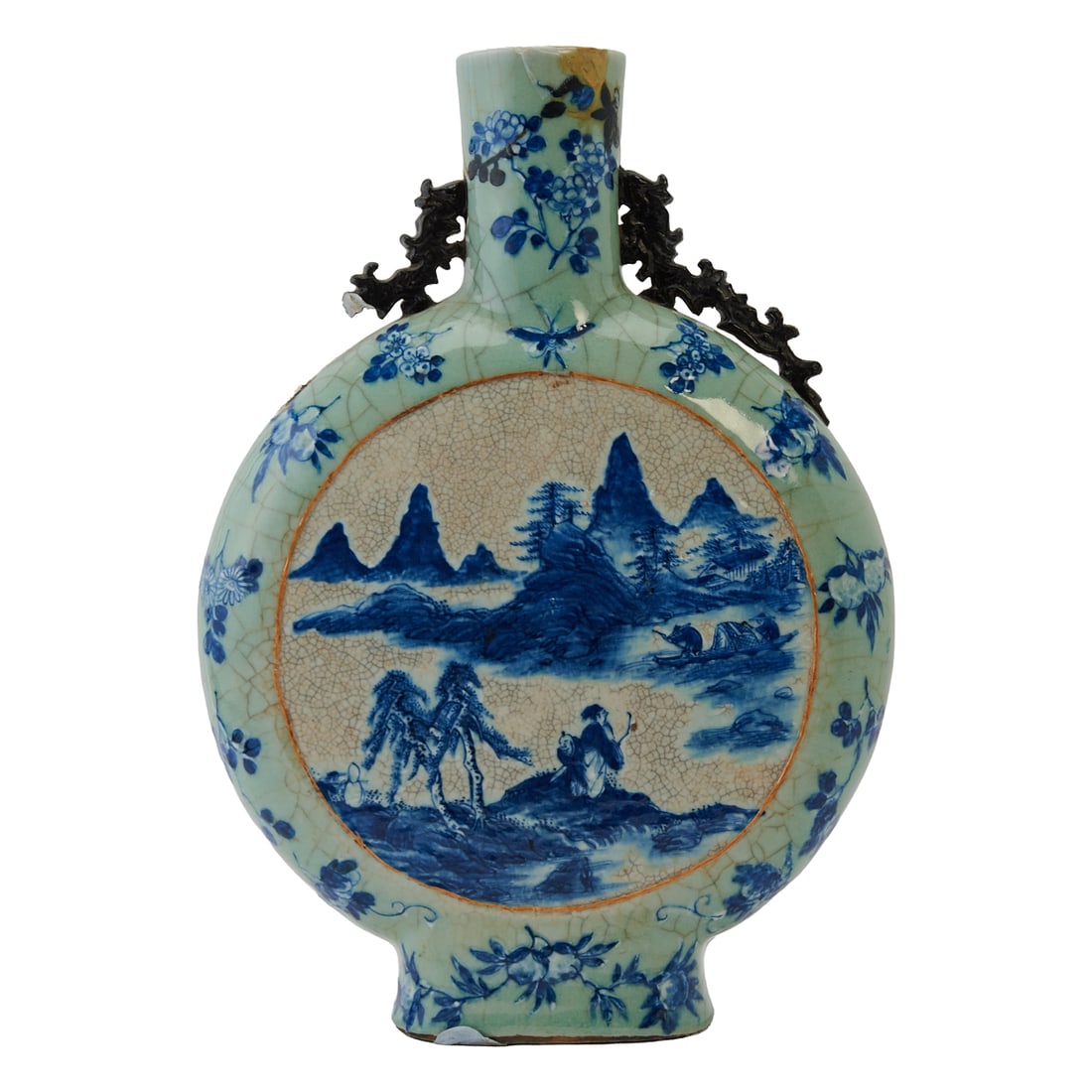 A Chinese Ge-Type Crackle-Glazed Blue and White Moon Flask with Dragon Handles, Late Qing DynastyA (1 of 6)