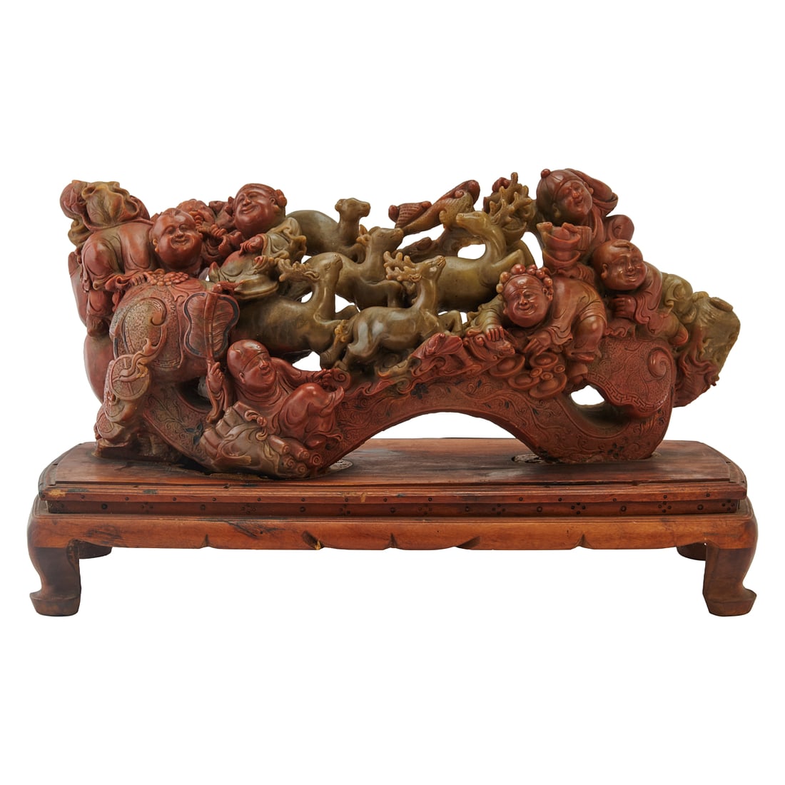 A Large Chinese Shoushan Stone Figural Group of Fu, Lu, and Shou, with Hardwood StandThis large: A Large Chinese Shoushan Stone Figural Group of Fu, Lu, and Shou, with Hardwood StandThis large Chinese Shoushan stone carving depicting the Three Star Gods of Fortune, Prosperity, and Longevity (Fu, 
