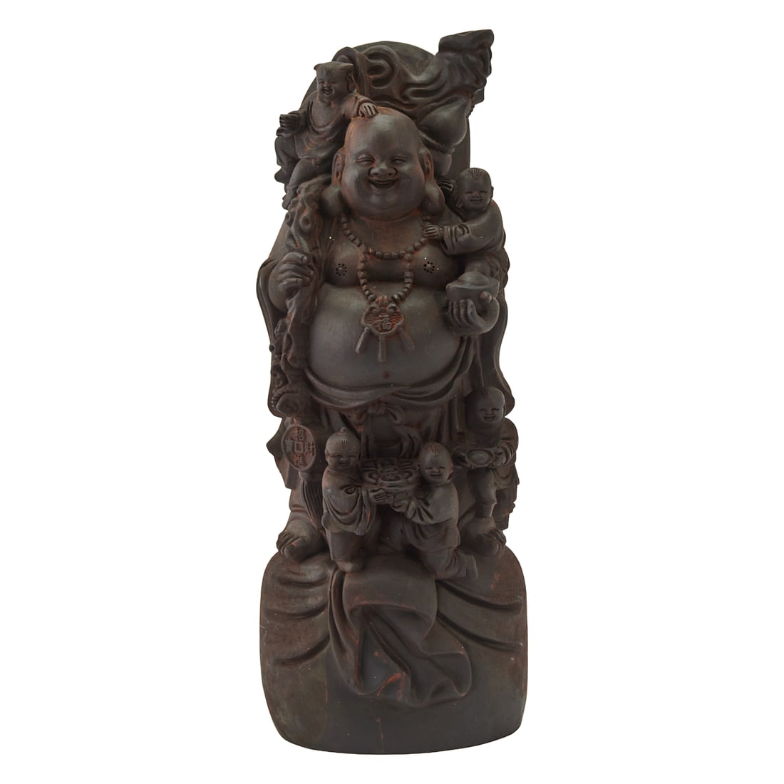 A Carved Wood Figure of MaitreyaA carved wood figure depicting the Laughing Buddha (Budai), standing (1 of 6)