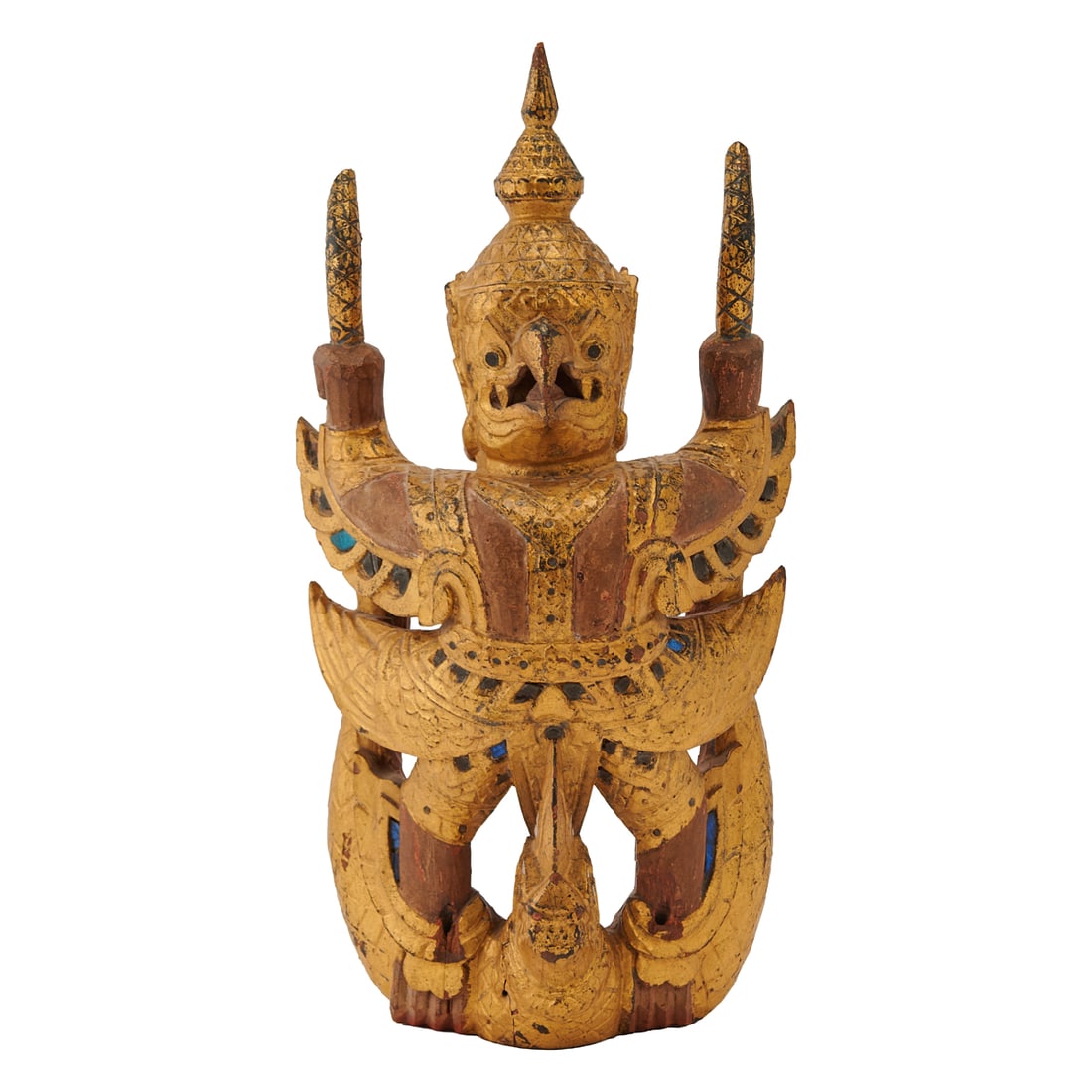 Giltwood Thai Garuda Wall CarvingA carved and gilt wood figure depicting Garuda, the mythical: Giltwood Thai Garuda Wall CarvingA carved and gilt wood figure depicting Garuda, the mythical bird-man of Hindu and Buddhist tradition, standing in a frontal pose with wings outspread and hands raised
