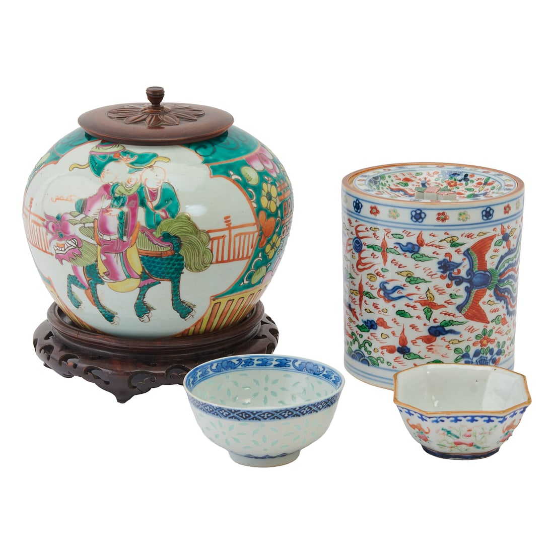 A Chinese Lidded Jar, a Cylindrical Jar, a Reticulated Cup, and an Octagonal CupJar with Wood Cover: (1 of 5)