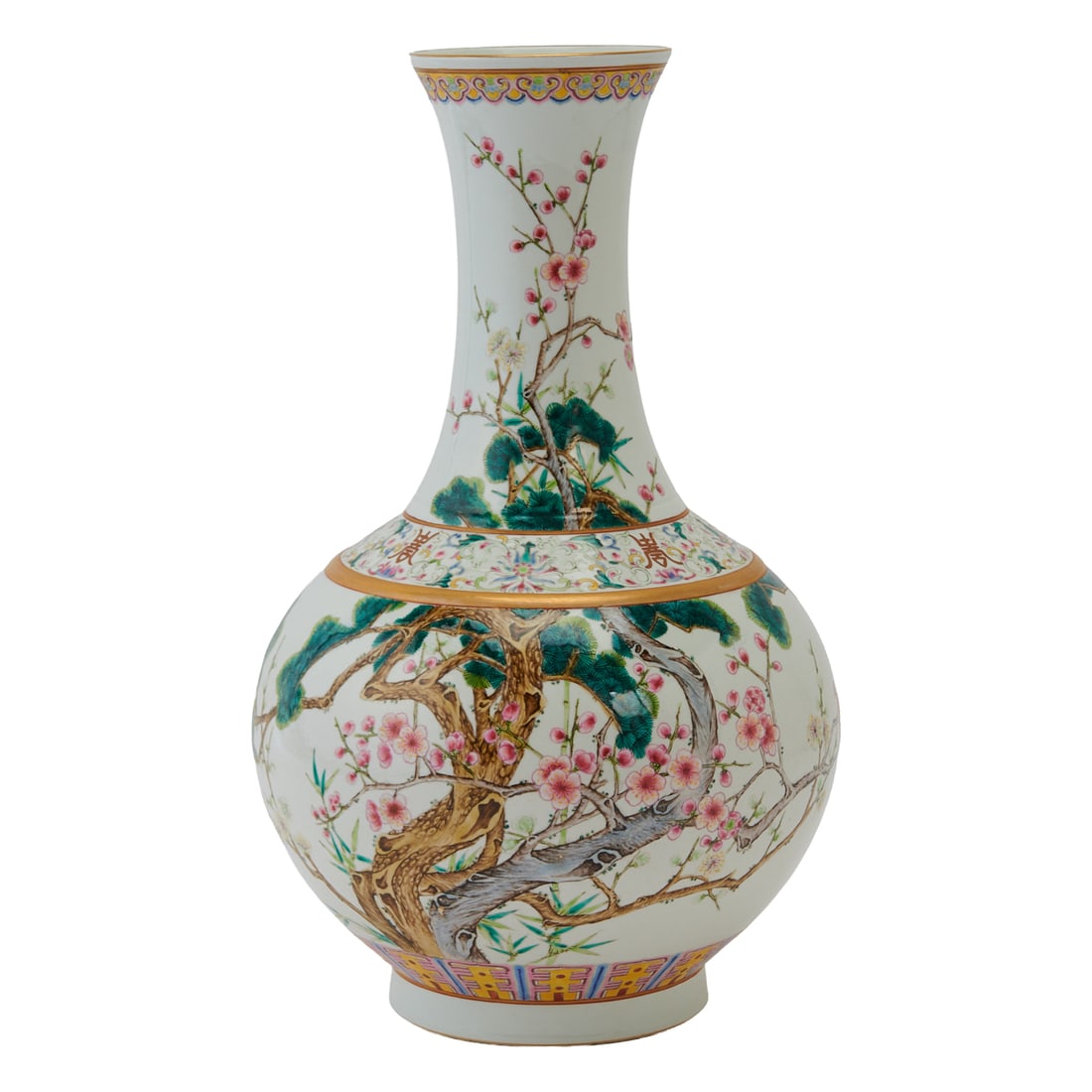 A Fine Famille-Rose 'Pine, Plum and Longevity' Vase, Guangxu Six-Character Mark, Late Qing: A Fine Famille-Rose 'Pine, Plum and Longevity' Vase, Guangxu Six-Character Mark, Late Qing DynastyThe elegant pear-shaped body rising from a short foot to a long waisted neck and gently everted rim, f