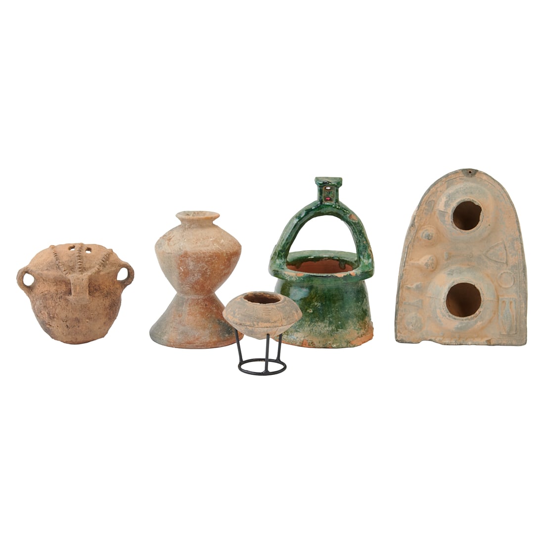 A GROUP OF FIVE HAN DYNASTY POTTERY VESSELSThis group comprises five Han dynasty pottery objects, (1 of 4)