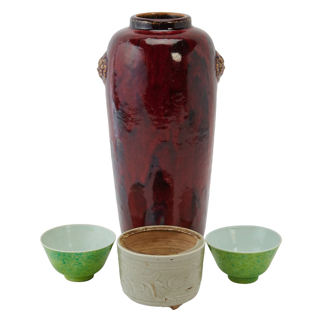 A Pair of Hu Dechang Bowls and Other Chinese Ceramics: Group of Chinese Ceramics, Including a Pair of Hu Dechang Monochrome-Glazed BowlsLate Qing Dynasty to Early Republic (late 19th–early 20th century)Comprising a flambé-glazed baluster vase with mold