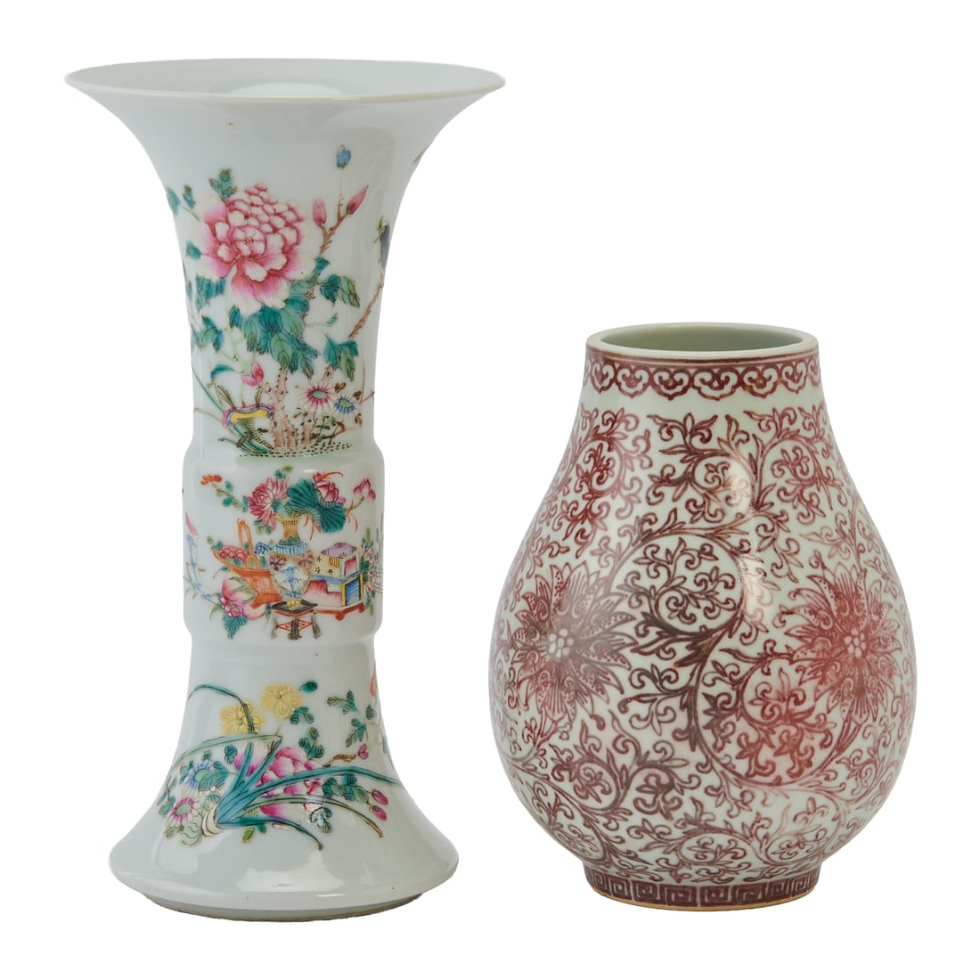 Two Chinese Famille Rose Porcelain VasesThe first, a finely enameled famille rose porcelain: Two Chinese Famille Rose Porcelain VasesThe first, a finely enameled famille rose porcelain beaker-form vase, the tall flaring body decorated in delicately painted famille rose enamels with luxuriant 