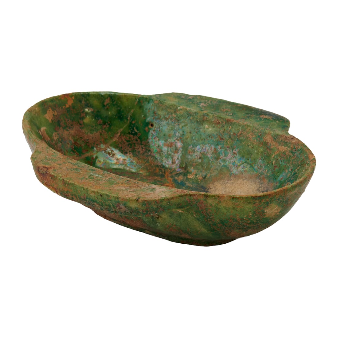Yushang Cup (Ear Cup), Han DynastyExecuted in pottery and covered with a translucent green lead: Yushang Cup (Ear Cup), Han DynastyExecuted in pottery and covered with a translucent green lead glaze, the present vessel retains natural earthen encrustation together with a well-weathered surface ac