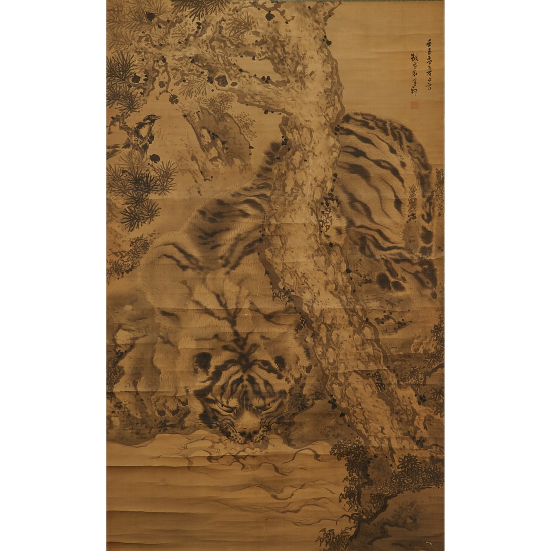 Tiger by Ganku (??, Japanese, 1749-1839), dated 1792, ink on silk, depicting a tiger crouching (1 of 3)