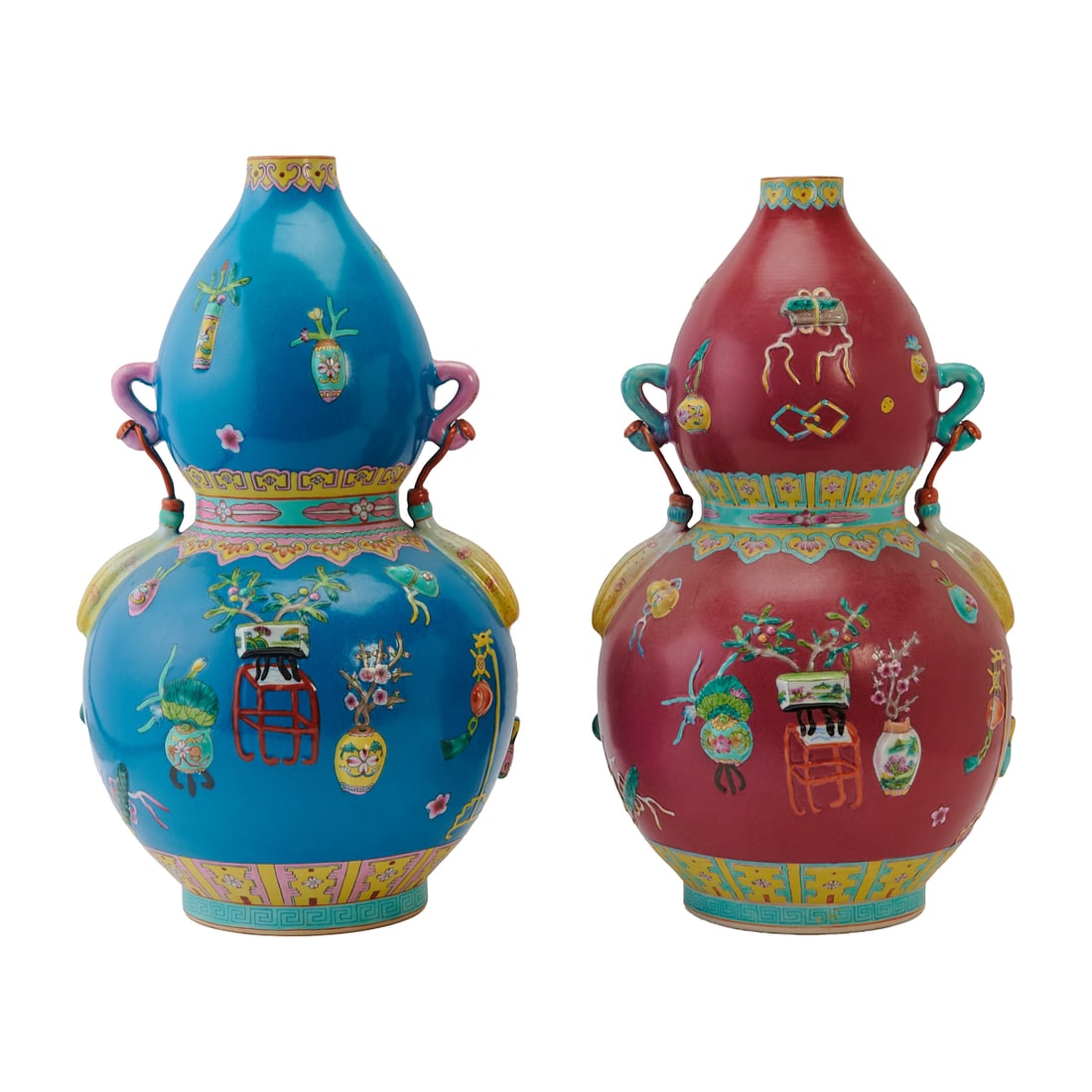 Pair of Chinese Famille Rose Double-Gourd Vases, each of flattened double-gourd form with small loop (1 of 5)