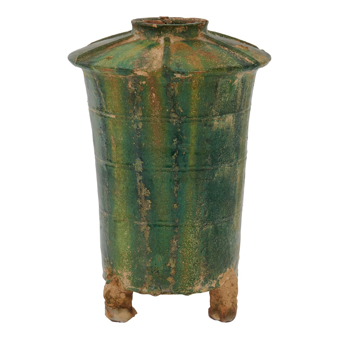 Chinese Green-Glazed Pottery Granary (Cang)Western Han Dynasty, Mid to Late Western Han PeriodA rare: Chinese Green-Glazed Pottery Granary (Cang)Western Han Dynasty, Mid to Late Western Han PeriodA rare green-glazed pottery granary (cang), of cylindrical form raised on three short feet and covered ove
