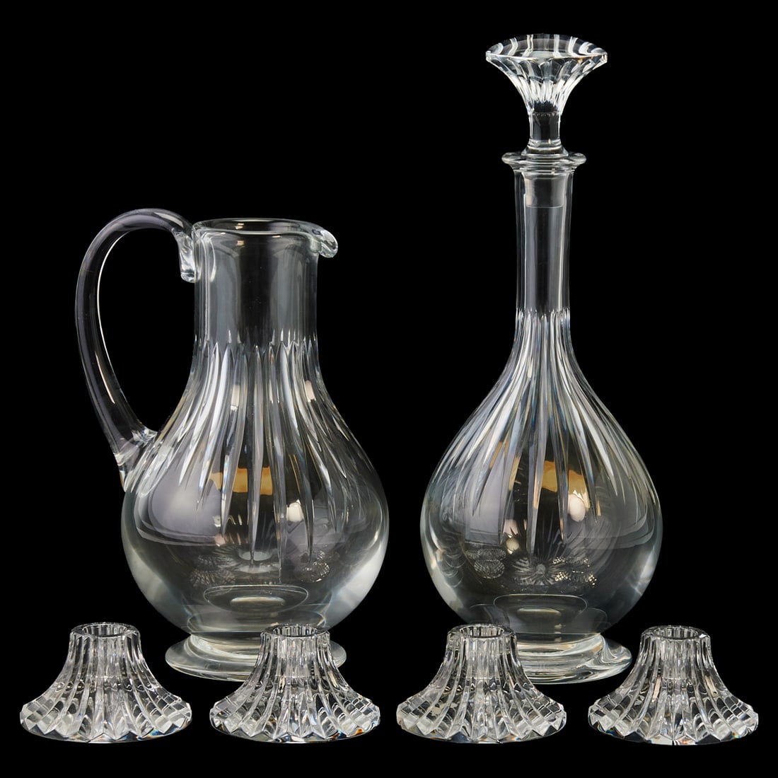 Baccarat Crystal Massena Pitcher, Decanter, and Four Low Candlesticks: Baccarat Crystal Massena Pitcher, Decanter, and Four Low Candlesticks, the first two with stickers, and all articles engraved to base undersides with Baccarat and pictorial mark. Original shipping box