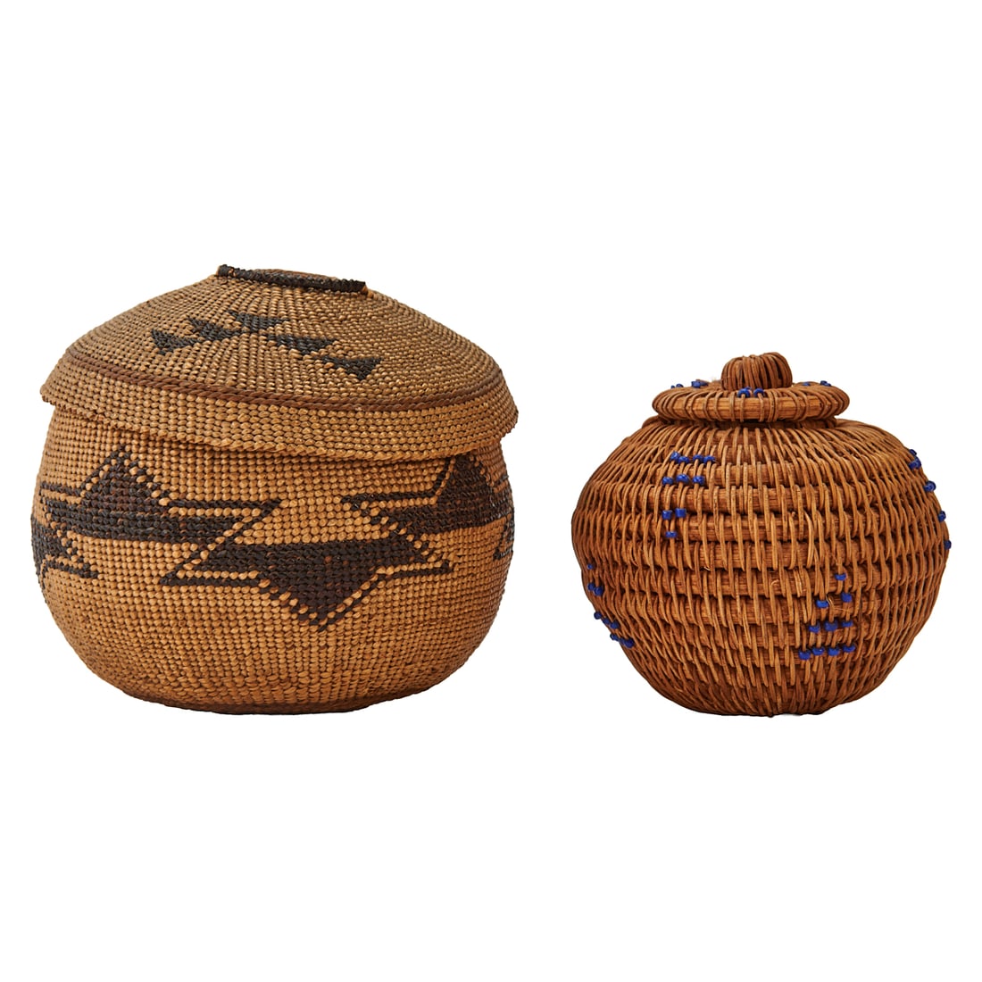 Two Native American Baskets with Lids: Two Native American Baskets with Lids, the first Karok or Yurok, and with a band of brown geometric forms to side center, the smaller vessel with bead embellishments.{Approximate dimensions with lids: