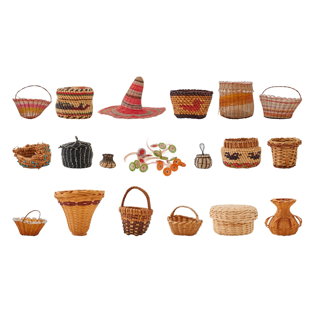 Collection of Native American Miniature Baskets including Woven Horsehair: Collection of Native American Miniature Baskets including Woven Horsehair. The baskets of diverse shapes, sizes, colors, and designs, several with lids and several with handles, and floral bouquets