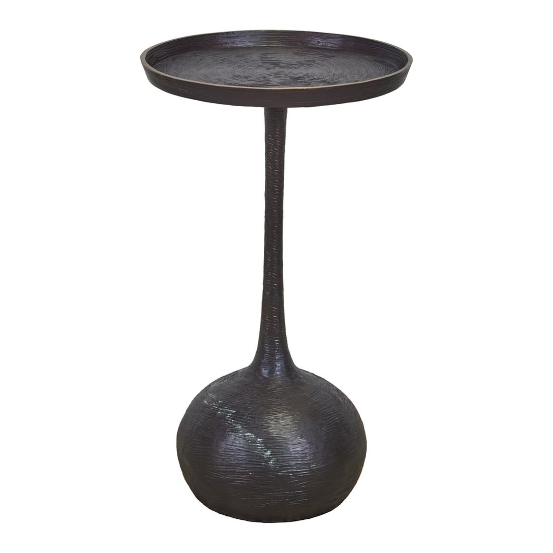 Contemporary Cast Bronze Martini Table Attributed to Thomas Corbin: Contemporary Cast Bronze Martini Table Attributed to Thomas Corbin, the rough cast tray top over the narrow pedestal terminating in ball form base. {Approximate dimensions: 22 1/4" high x 12 7/8"