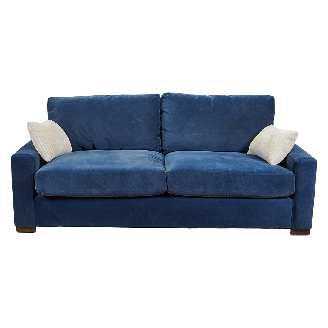 Restoration Hardware Maxwell Blue Upholstered Sofa: Restoration Hardware Maxwell Blue Upholstered Sofa, the indigo velvet two cushion sofa with two decorative side pillows.{Approximate dimensions: 35" high x 83 1/2" wide x 41 1/2" deep.}.