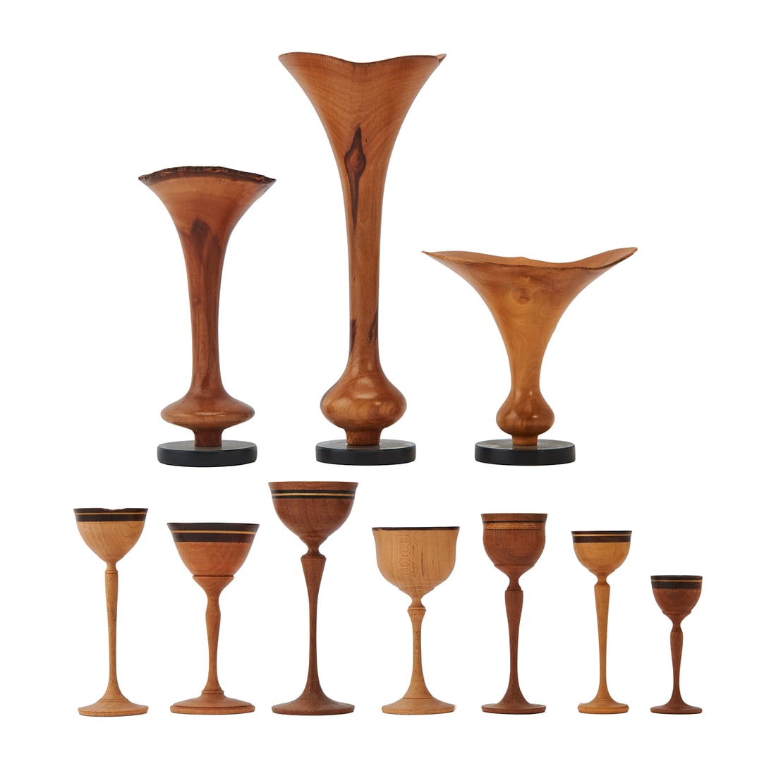 Contemporary Woodcraft: Collection of Miniature Goblets and Vases: Contemporary Woodcraft: Collection of Miniature Goblets and Vases by Giles Gilson and Dennis Stewart. Comprising seven goblets of various woods by Gilson, and three miniature goblets or vases, by Denn