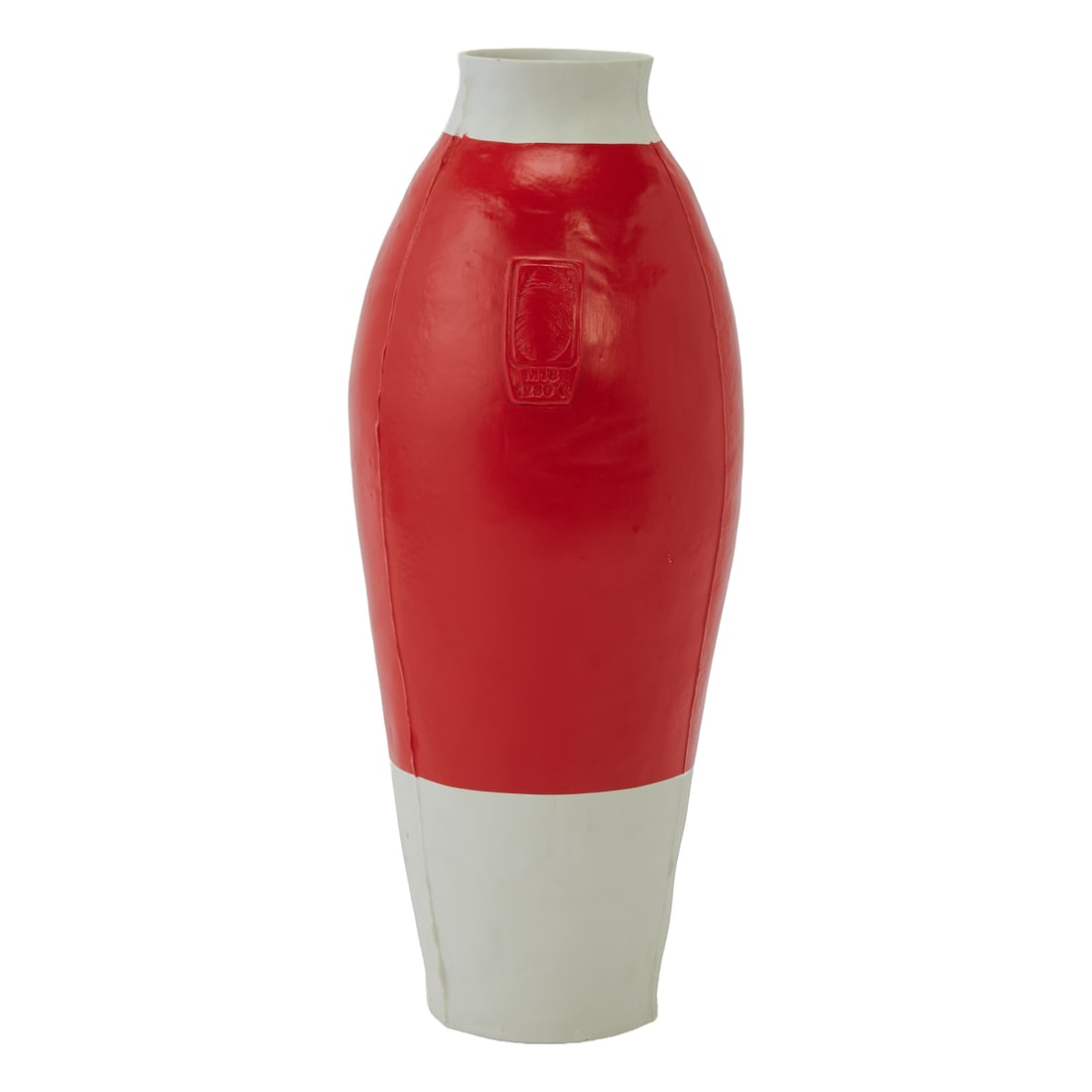 Hella Jongerius Red White Vase: Hella Jongerius Red White Vase, painted porcelain swollen cylindrical vase with rectangular paint sample test, including artist's thumbprint, "M18 1280 degrees C." Stamped to base underside with artis