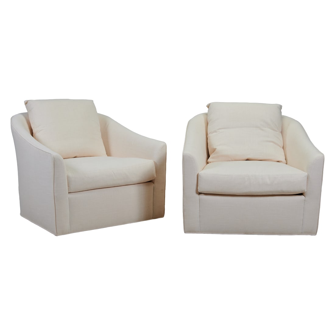 Pair of Custom Swivel Lounge Chairs, Upholstered in Cream Linen: Pair of Custom Swivel Lounge Chairs, Upholstered in Cream Linen, attributed to Century Furniture, the "Tatum" line chairs with off white upholstery.{Approximate dimensions: 30 3/4" high x 38" wide x 3