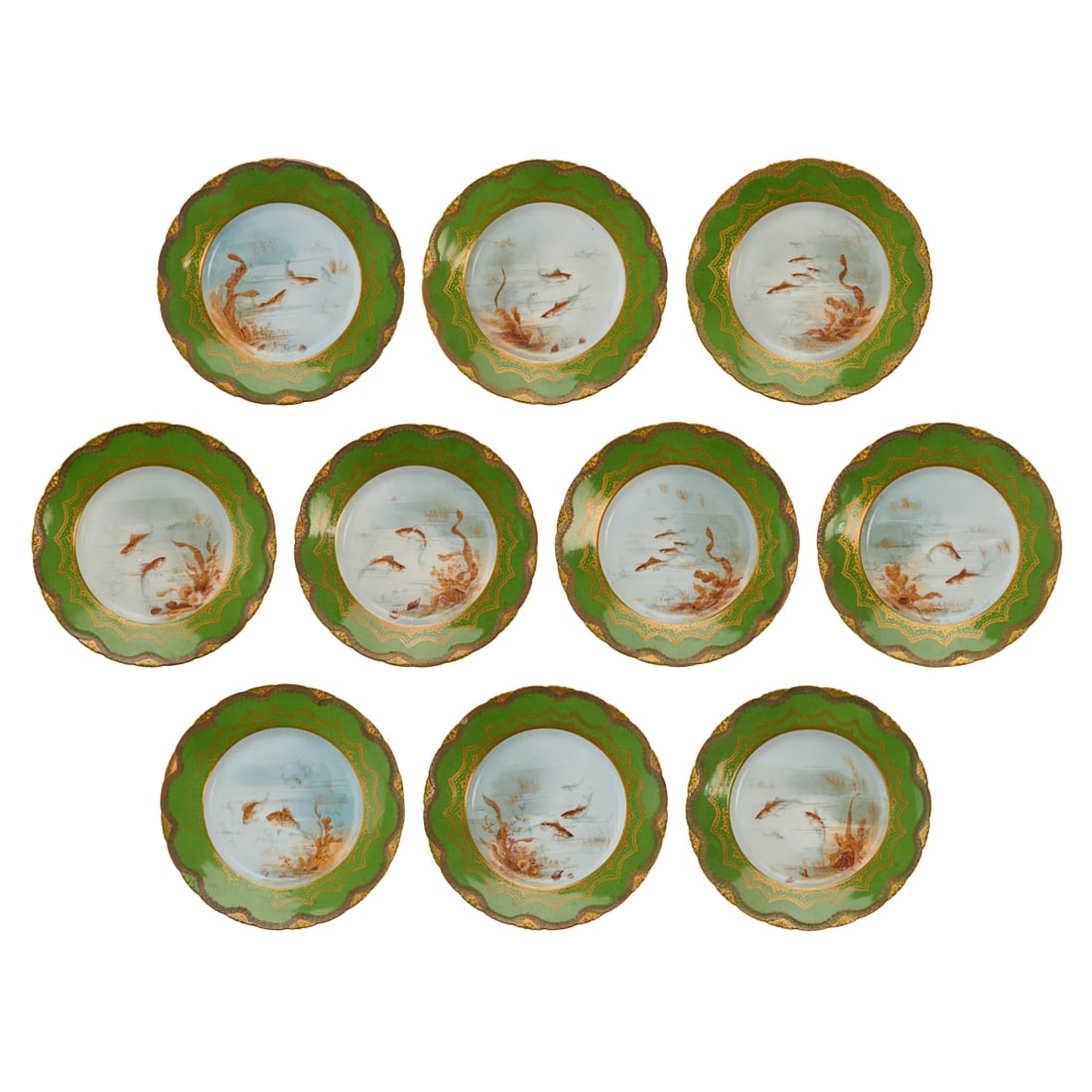 Theodore Haviland Green Ground Fish Plates: Theodore Haviland Green Ground Fish Plates, Limoges, France, painted in polychrome enamels and gilding with fish among seaweed. Underside marked with "Theodore Haviland / Limoges / FRANCE" in red, the