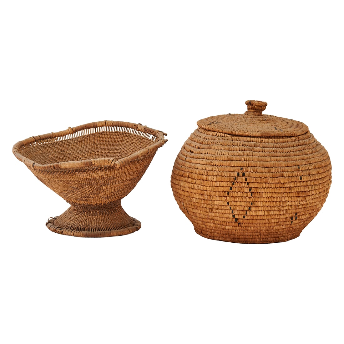 Two Native American Baskets, One Footed and One Lidded: Two Native American Baskets, One Footed and One Lidded, the footed example Hupa, Karuk or Yurok, the lidded example Yupik. Both woven and coiled in shades of brown, taupe and off white in geometric pa