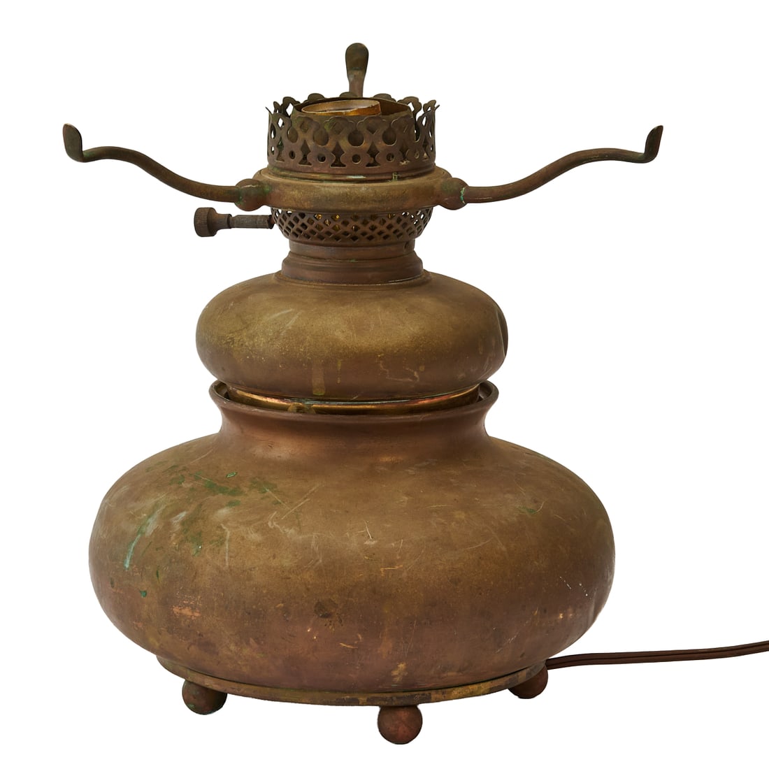 Tiffany Studios Table Converted Oil Lamp Base: Tiffany Studios Table Converted Oil Lamp Base, the squat, globular brass and copper base on three bun feet, the neck issuing an independent upper squat, globular body over the straight sided cylindric