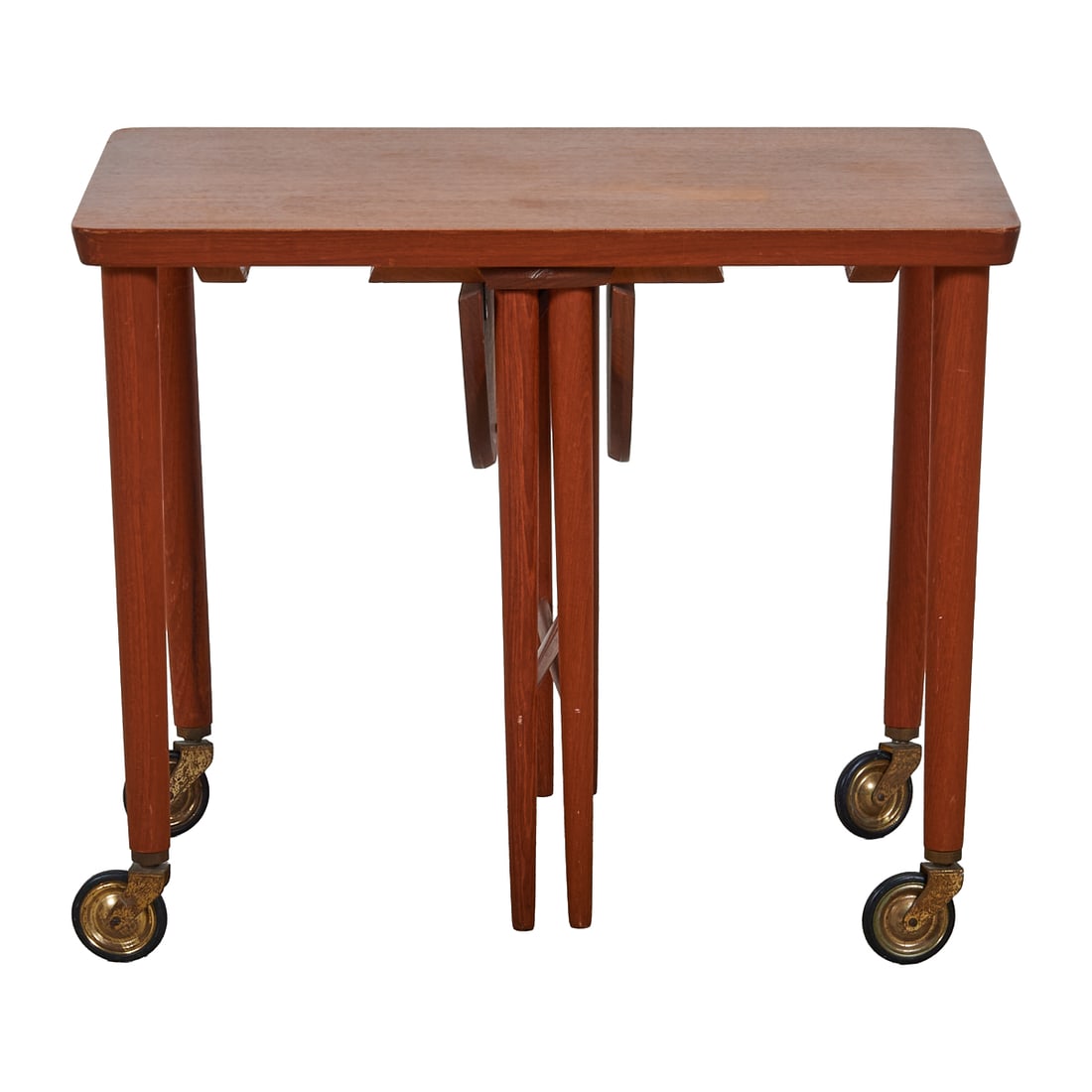 Danish Mid Century Modern Teak Rolling Tray and Stand: Danish Mid Century Modern Teak Rolling Tray and Stand, attributed to Poul Hundevad, the top overcast above a single additional, removable tray table. Stamped to underside, "MADE IN DENMARK" and "FURNI