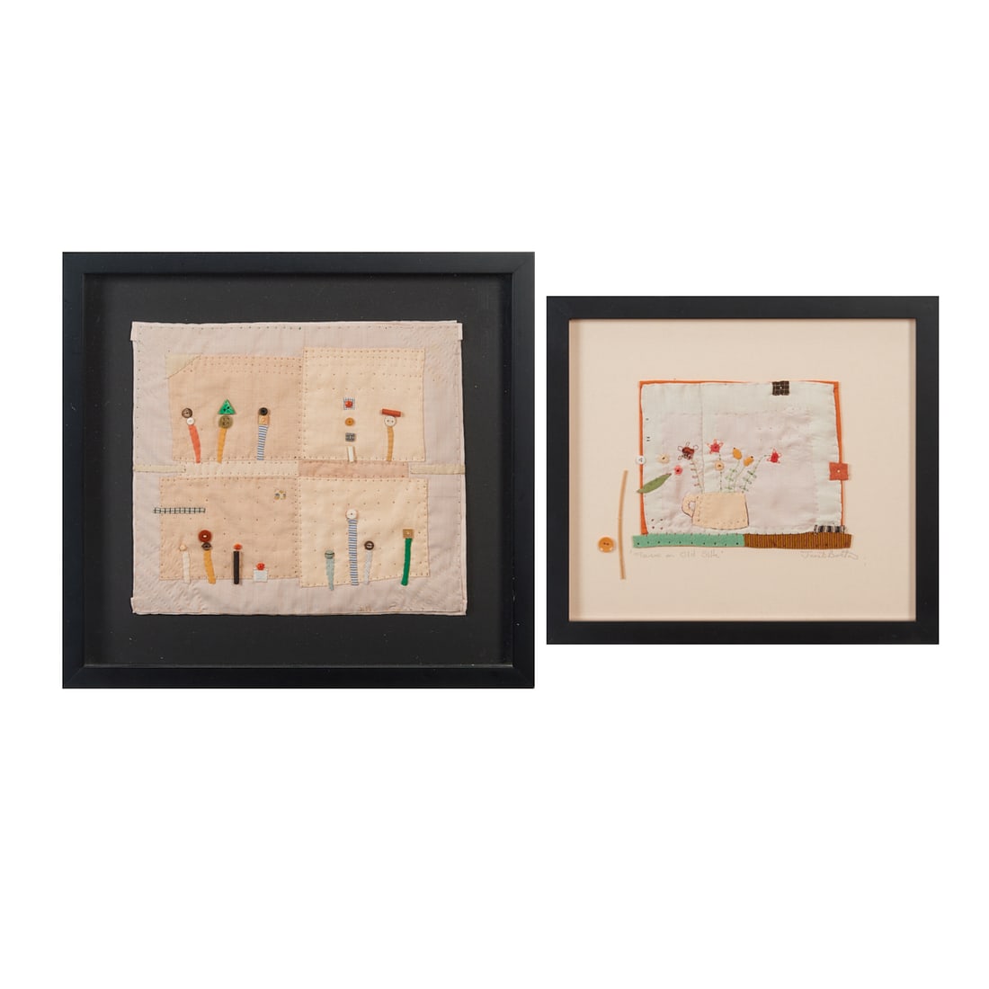 Janet Bolton (British, b. 1945) Two Contemporary Framed Needlework Pictures: Janet Bolton (British, b. 1945) Two Contemporary Framed Needlework Pictures, "Flowers on Old Silk," and "Button Plants," two unique embroidered pictures, framed under glass. "Flowers" named, lower lef
