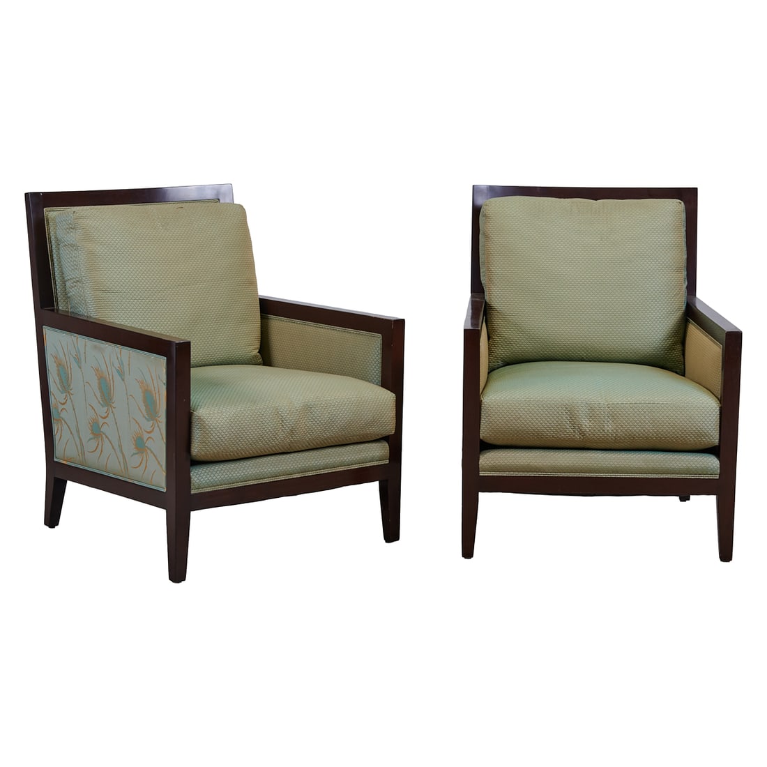 Pair of A. Rudin Art Deco Style Upholstered Armchairs: Pair of A. Rudin Art Deco Style Upholstered Armchairs, ebonized frames with straight backs, upholstered in sea green and grey bargello design. Label to seat, "A. Rudin Los Angeles."{Approximate dimens