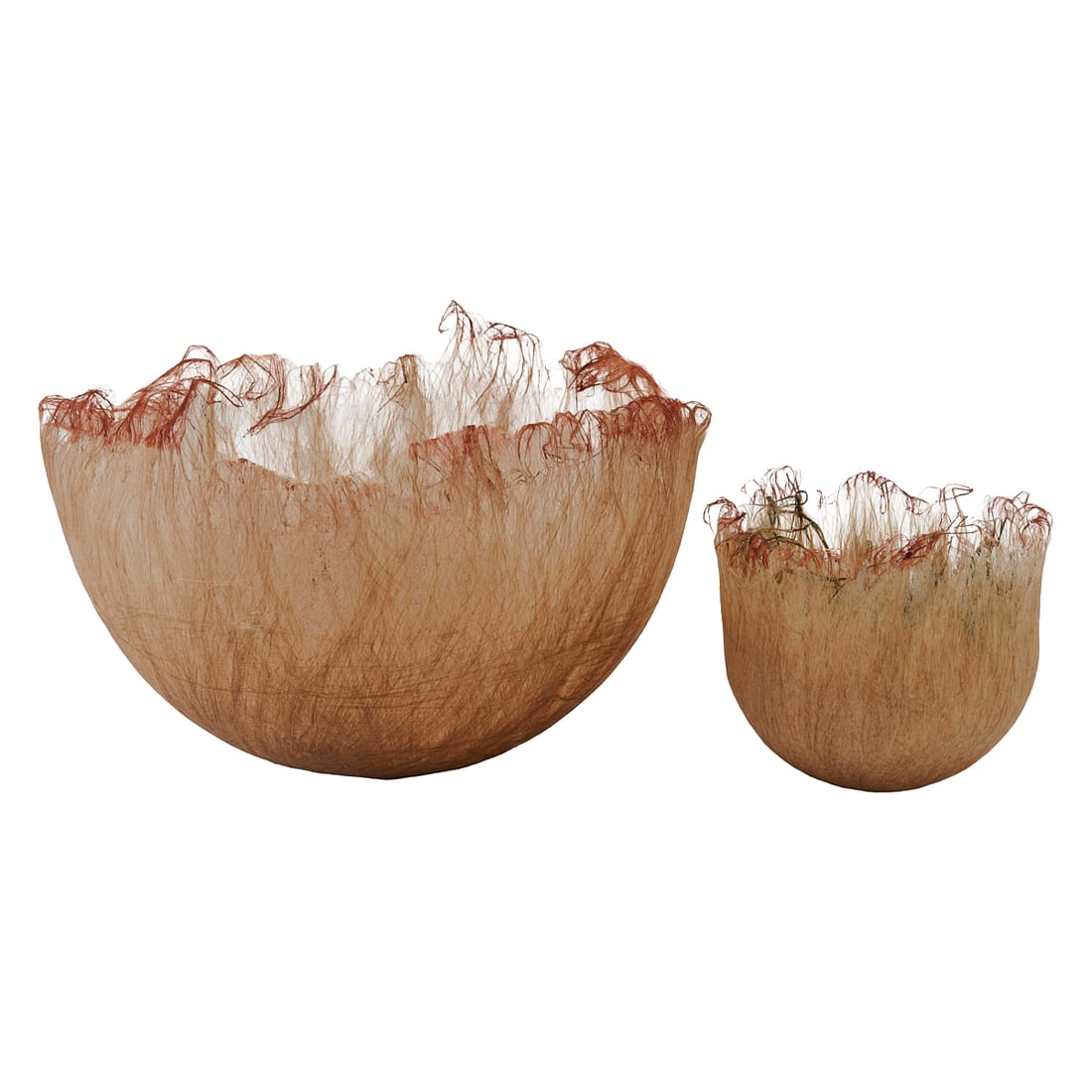 Two Fiber Art Bowls by Juline Beier: Two Fiber Art Bowls by Juline Beier, woven and worked with flax; the larger, with two interior vessels attached to base, the smaller of which is worked with three pieces of fruit. The upper edges of a