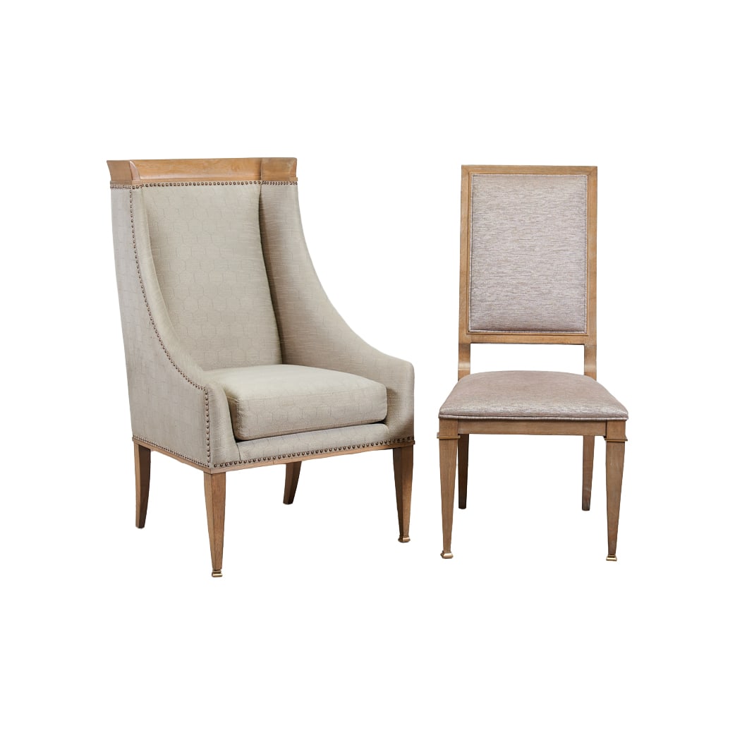 Suite of Eight Cerused Oak Veneer Dining Chairs: Suite of Eight Cerused Oak Veneer Dining Chairs, by A.R.T Furniture. Six CityScapes Bleecker Up side chairs and a pair of Madison Host chairs with downswept arms. Upholstered in taupe octagonal cell p
