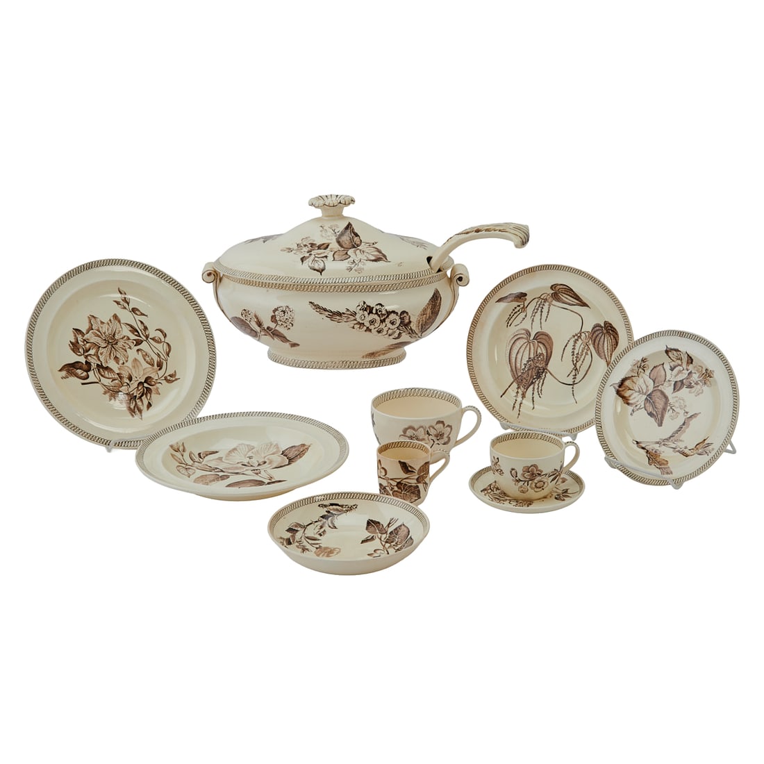 Wedgwood Queensware Transfer Printed Botanical Dinner Service: Wedgwood Queensware Transfer Printed Botanical Dinner Service. Comprising 12 luncheon plates, 12 salad plates, ten bread and butter plates, ten open salts, 11 soup plates, nine cereal bowls, nine berr