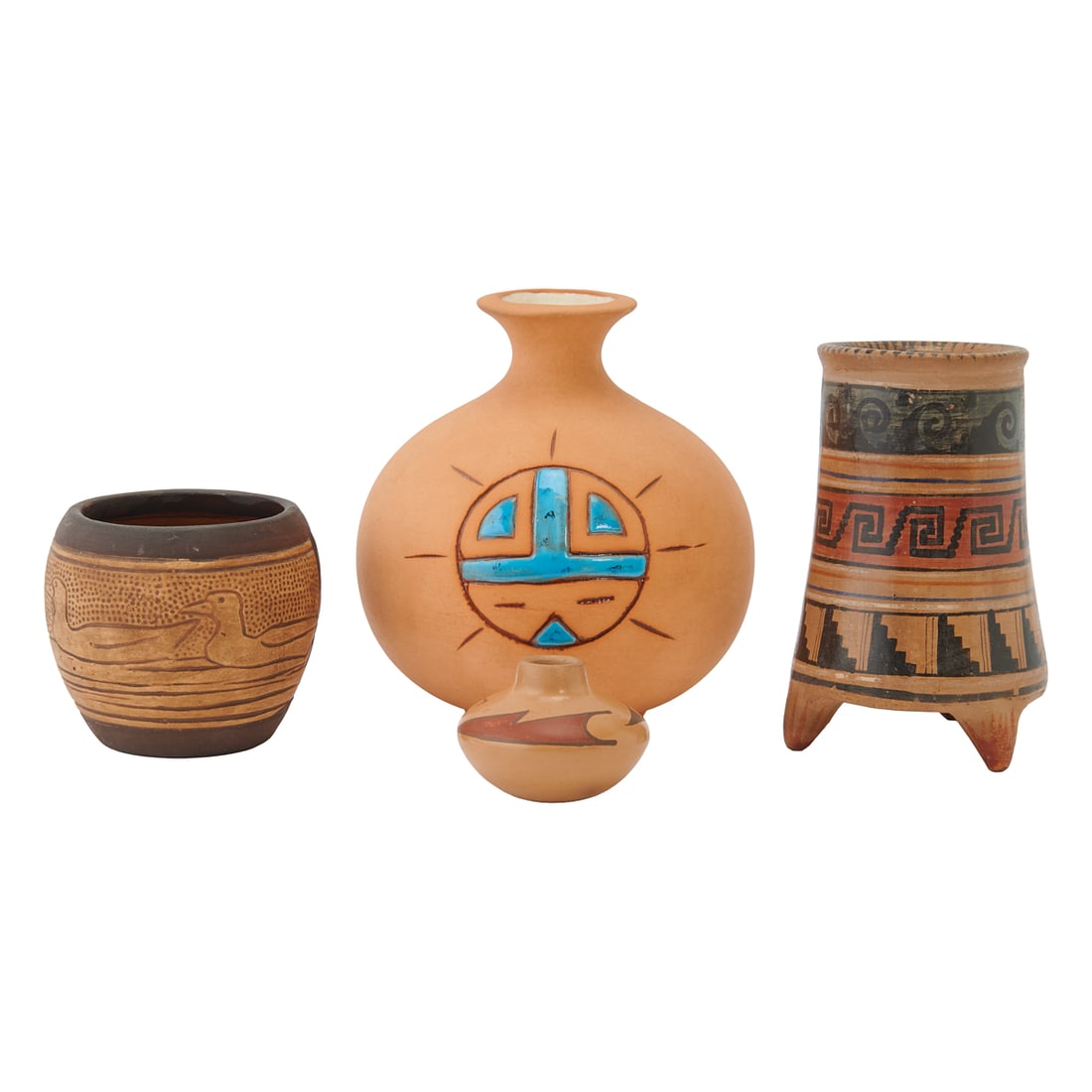 Four Native American, American, Mexican Pottery Vessels: Four Native American, American, Mexican Pottery Vessels, a miniature olla incised PIPL, a straight sided cylindrical vase on tripodal feet, a miniature Weller "Claywood" pattern bowl, and a Southwest 
