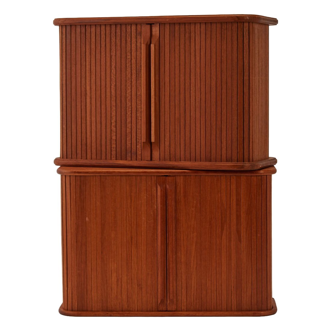 Two Danish Modern Teak Wall Mount Cabinets with Tambour Doors: Two Danish Modern Teak Wall Mount Cabinets with Tambour Doors, rounded rectangular, two tier forms, each completely enclosed by tambour doors with low profile handles, revealing interior shelf to half