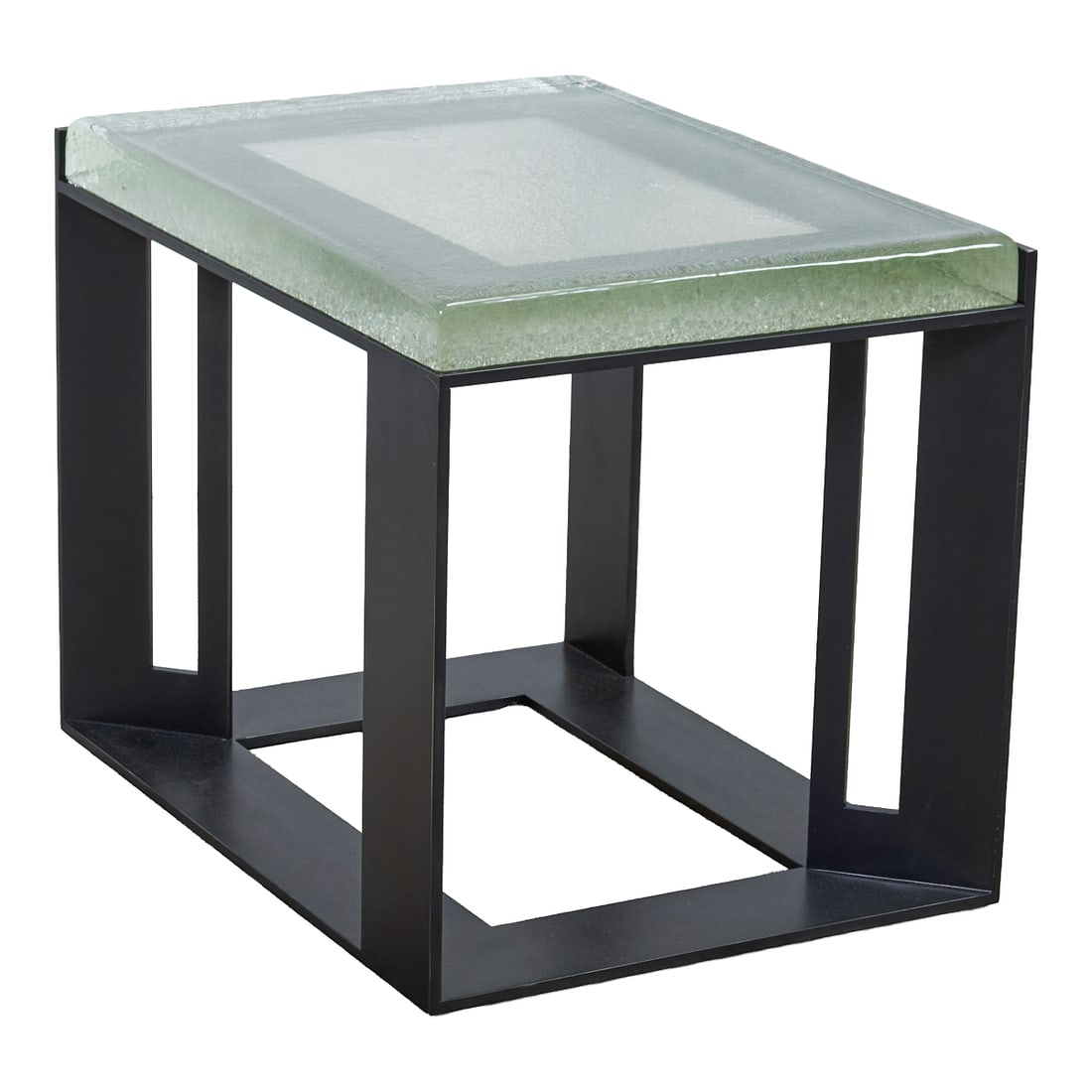 Minimalist Designer Steel and Thick Slab Glass Top Side Table: Minimalist Designer Steel and Thick Slab Glass Top Side Table, thick cast glass top over blackened steel frame. {Approximate dimensions: 19 1/4" high x 24 1/2" wide x 18 1/8" deep.}.