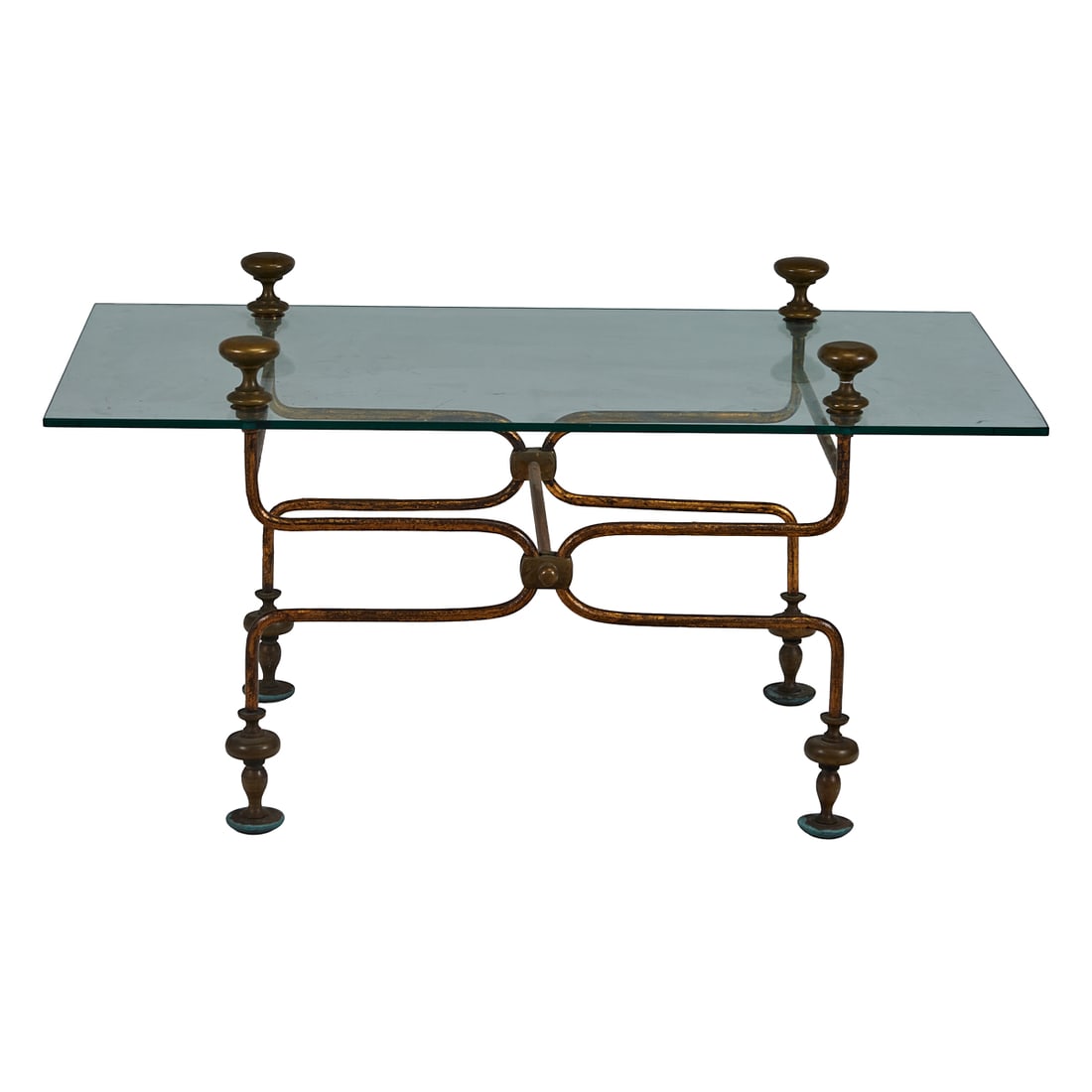 Modern Patinated Brass, Metal and Glass Cocktail Table: Modern Patinated Brass, Metal and Glass Cocktail Table, the base formed of shaped tubular brass open loops, with turned knobs, and glass table top. {Approximate dimensions: 21" high x 40" wide x 22" d