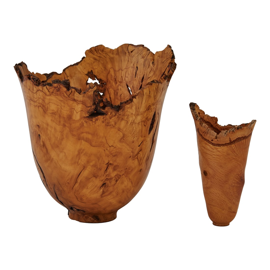 Two Frank E. Cummings III Turned, Live Edge Vessels: Two Frank E. Cummings III Turned, Live Edge Vessels, the larger, of maple, and the smaller of oak, both with live edges to tops, and of tapering cylindrical forms terminating in short feet. Both engra