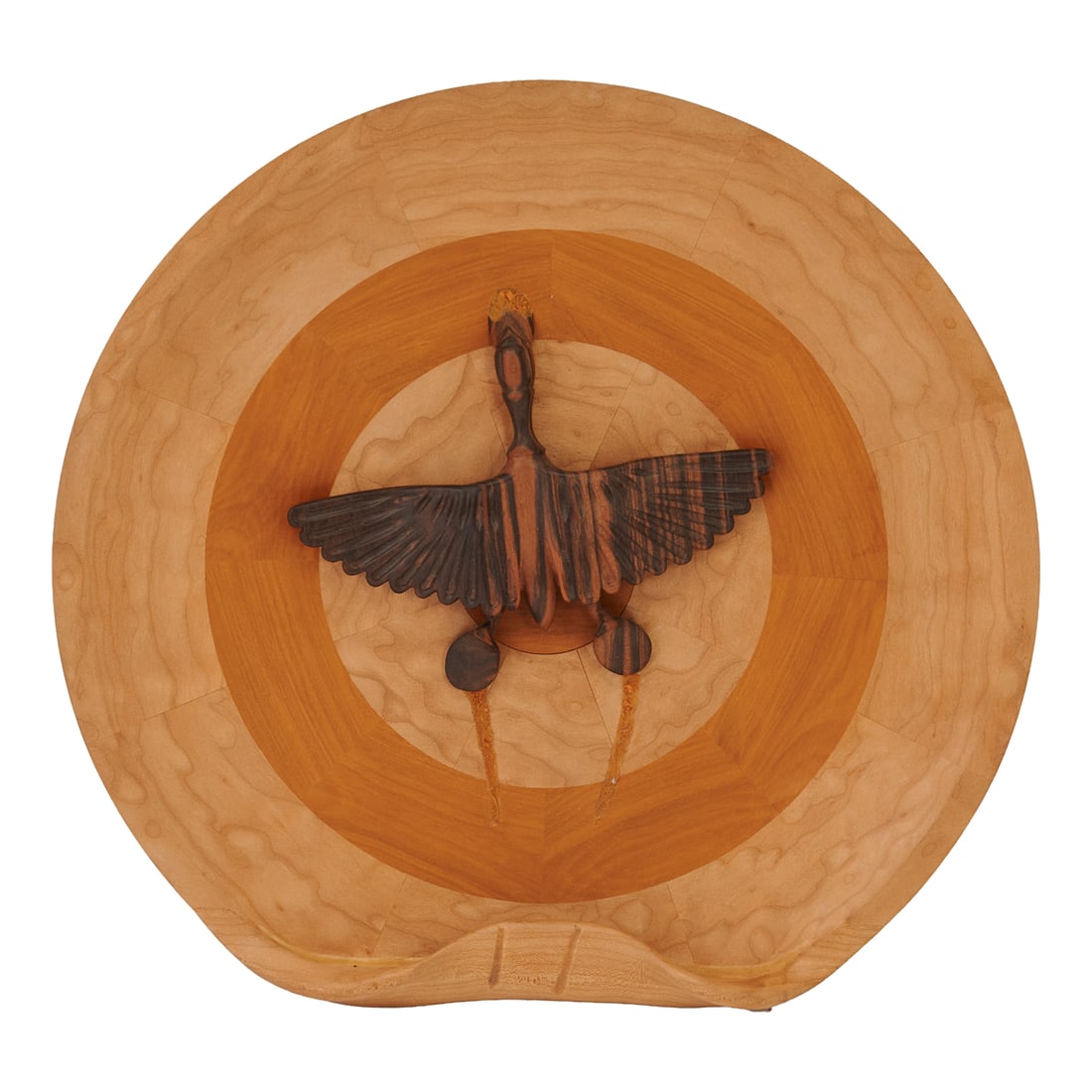 Peter Arenskov Turned, Bas Relief Sculpture: Peter Arenskov Turned, Bas Relief Sculpture worked in a dish, of mixed woods, with a maple border having a shaped, upturned base around and centering the applied and carved macassar figure of a duck, 