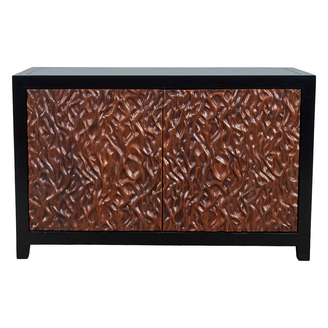 Contemporary Sideboard Cabinet With Embossed Metal Front Doors: Contemporary Sideboard Cabinet With Embossed Metal Front Doors, attributed to Robert Kuo, the black metal frame with two copper embossed doors, revealing black painted interior cabinet with central sh