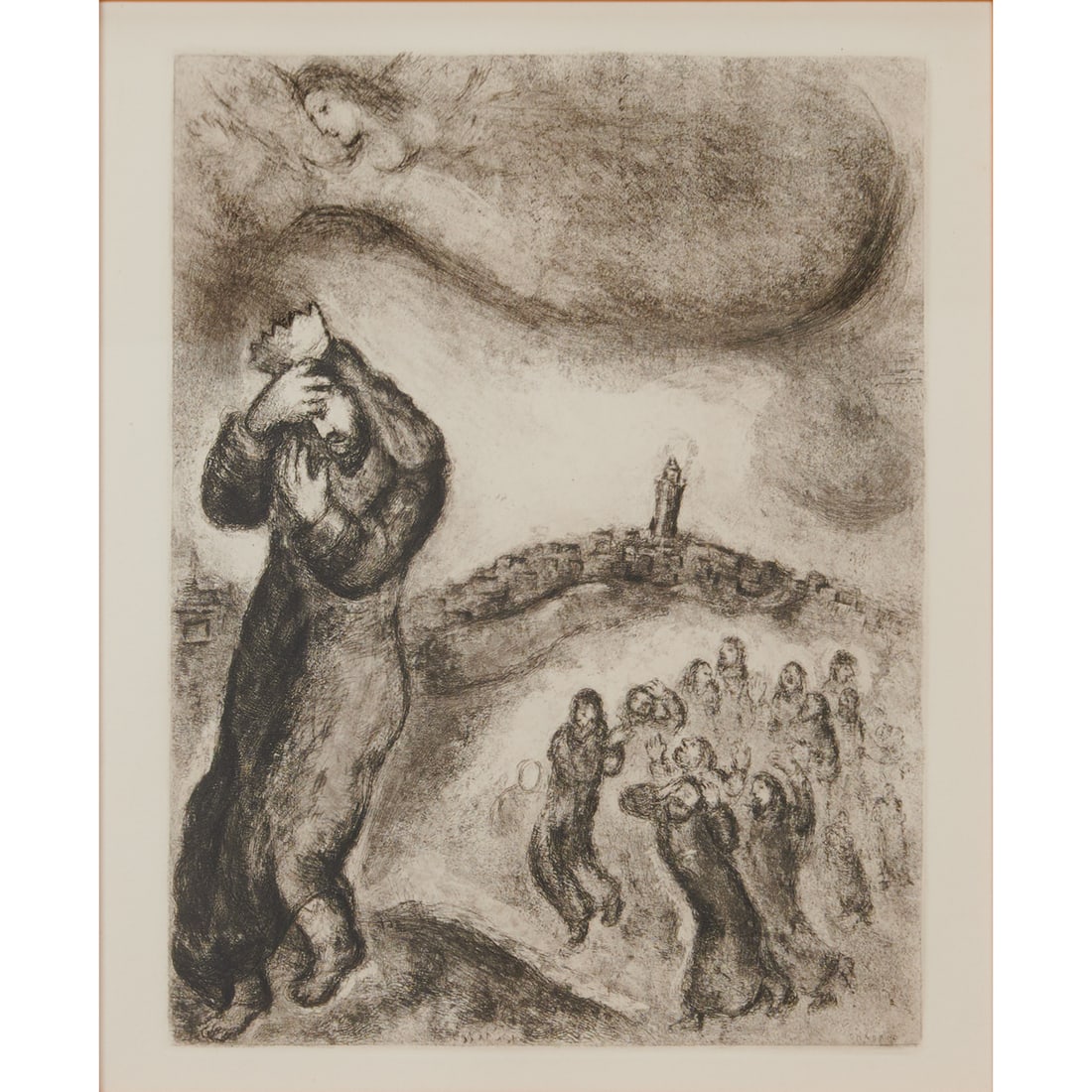 March Chagall, David Ascending the Mount of Olives, Etching from the Bible Series: Marc Chagall (Russian, 1887-1985), "King David," plate #71 in the "Bible" suite from 1956, total edition of 395, etching, [approximate dimensions - plate: 12 5/8" H x 9 5/8" W], signed in plate at low