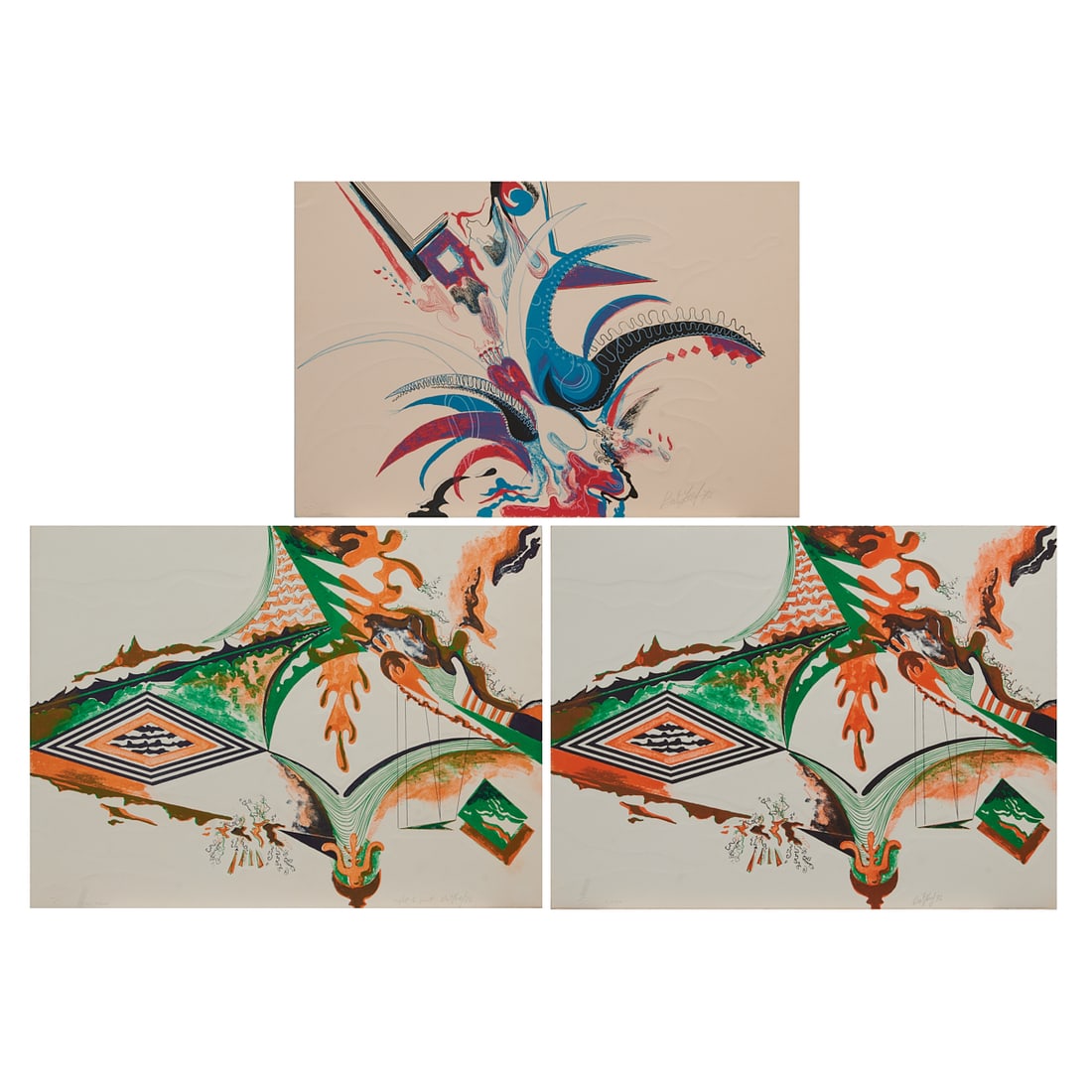 Myriam Bat Yosef, Three Colored Lithographs with Embossing: Myriam Bat-Yosef (Israeli/French, 1931-2023), three colored lithographs with embossing, all dated 1973, including (i) "Echos of a Kiss," [sheet: 15 3/4" H x 23 5/8" W], E.P.A.P (Editions Press