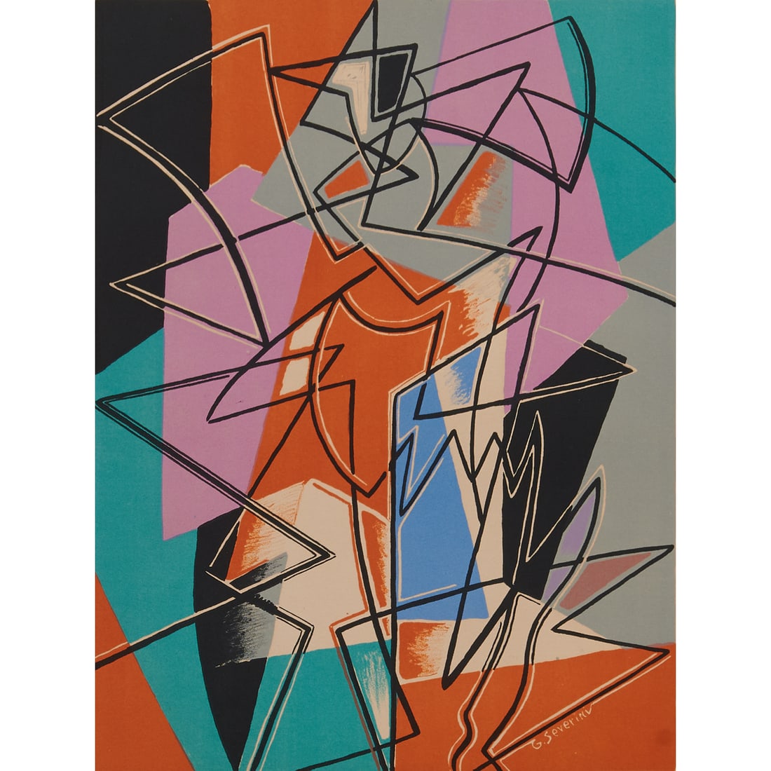 Gino Severini, Pas De Deux, Colored Lithograph: Gino Severini (Italian, 1883-1966), "Pas De Deux," (Step for Two), colored lithograph, [approximate dimensions - sheet: 19 5/8" H x 15 1/4" W], signed 'G. Severini' in plate at lower right; numbered