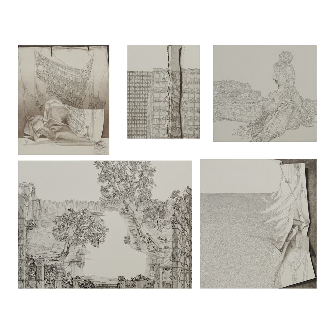 Hans Georg Rauch, Five Etchings from Frohlich Apokalypse: Hans Georg Rauch (German, born 1939), Five etchings and aquatints from "The Parchment Suite" of "Frohlich Apokalypse" (Happy Apocalypse), including (i) "Das Gerettete Haus" (The Saved House), (ii)