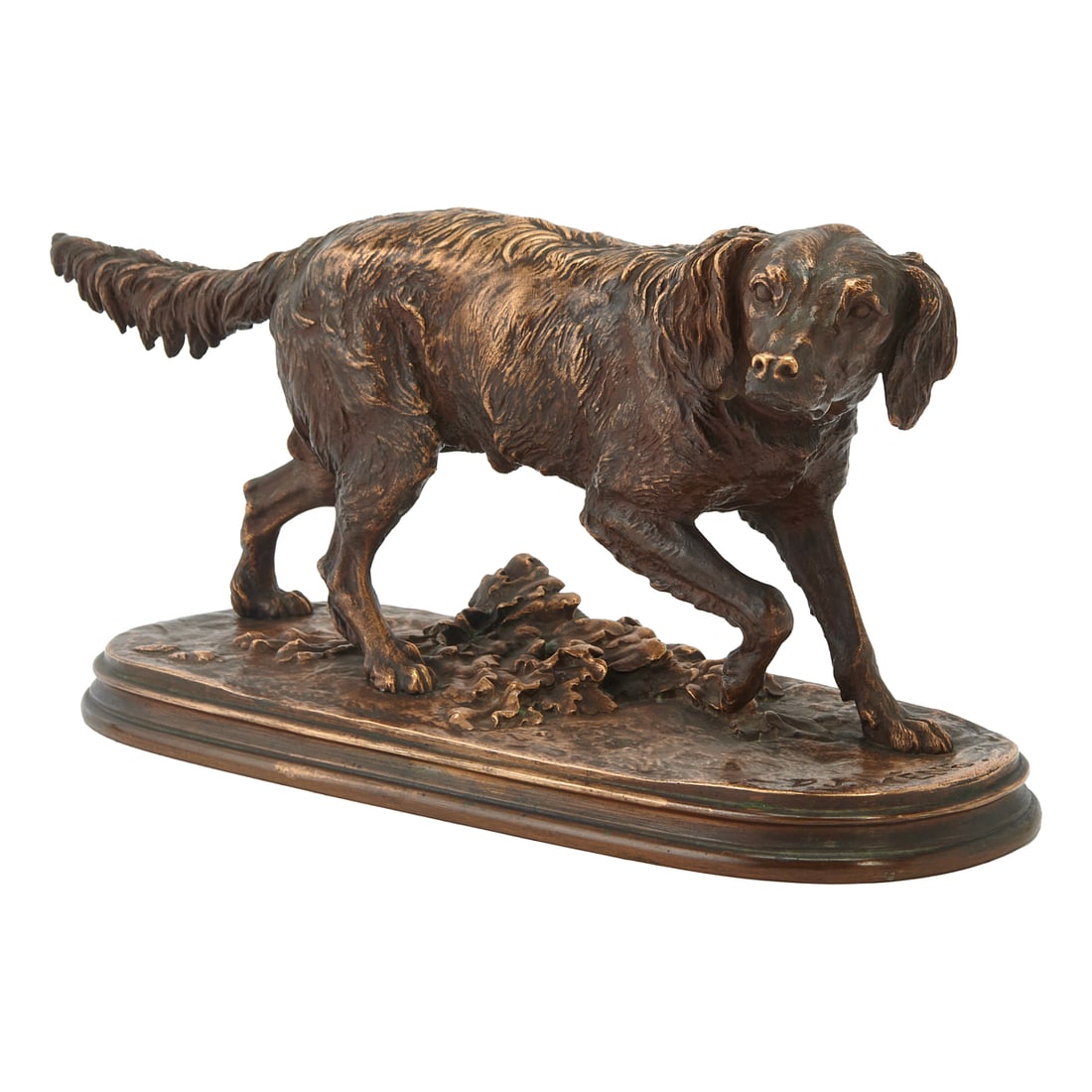 PJ Mene, Hunting Dog, Bronze Sculpture: Pierre Jules (PJ) Mene (French, 1810-1879), Hunting Dog, bronze sculpture, [approximate dimensions - overall: 6 1/2" H x 13" W x 4 3/4" D], signed 'PJ Mene' at recto on base. Inscribed '25272 cc /
