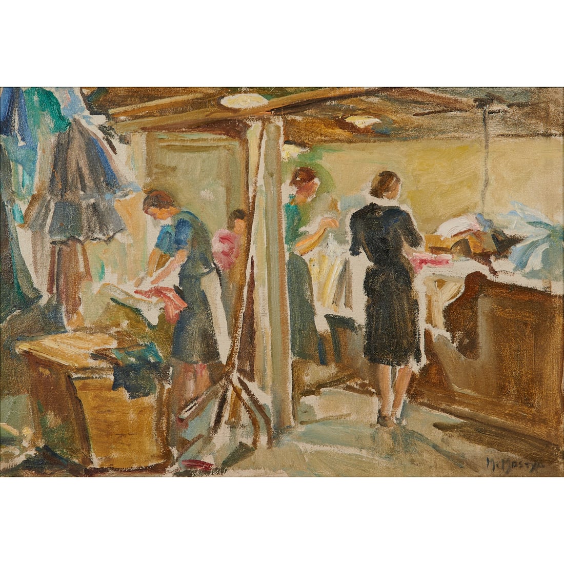 Marjorie Mostyn, Laundry Day, Oil on Canvas: Marjorie Mostyn (British, 1893-1979), Laundry Day, oil on canvas, [approximate dimensions - sight: 13 5/8" H x 19 3/4" W], signed 'M. Mostyn' at lower right.