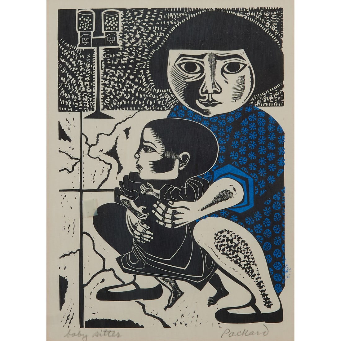 Emmy Lou Packard, Baby Sitter, Woodcut: Emmy Lou Packard (American, 1914-1998), "Baby Sitter," woodcut, [approximate dimensions - plate: 14 1/8" H x 10" W, sight: 15 1/4" H x 11" W], titled 'baby sitter' and signed 'Packard' in pencil at