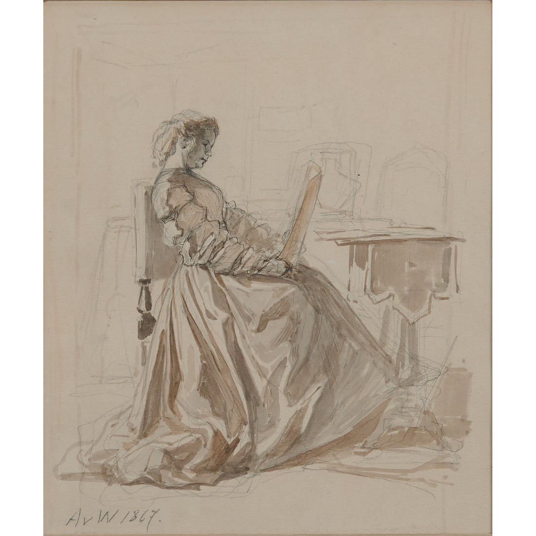 Attr. to Anton von Werner, Woman Reading, Drawing (1 of 4)